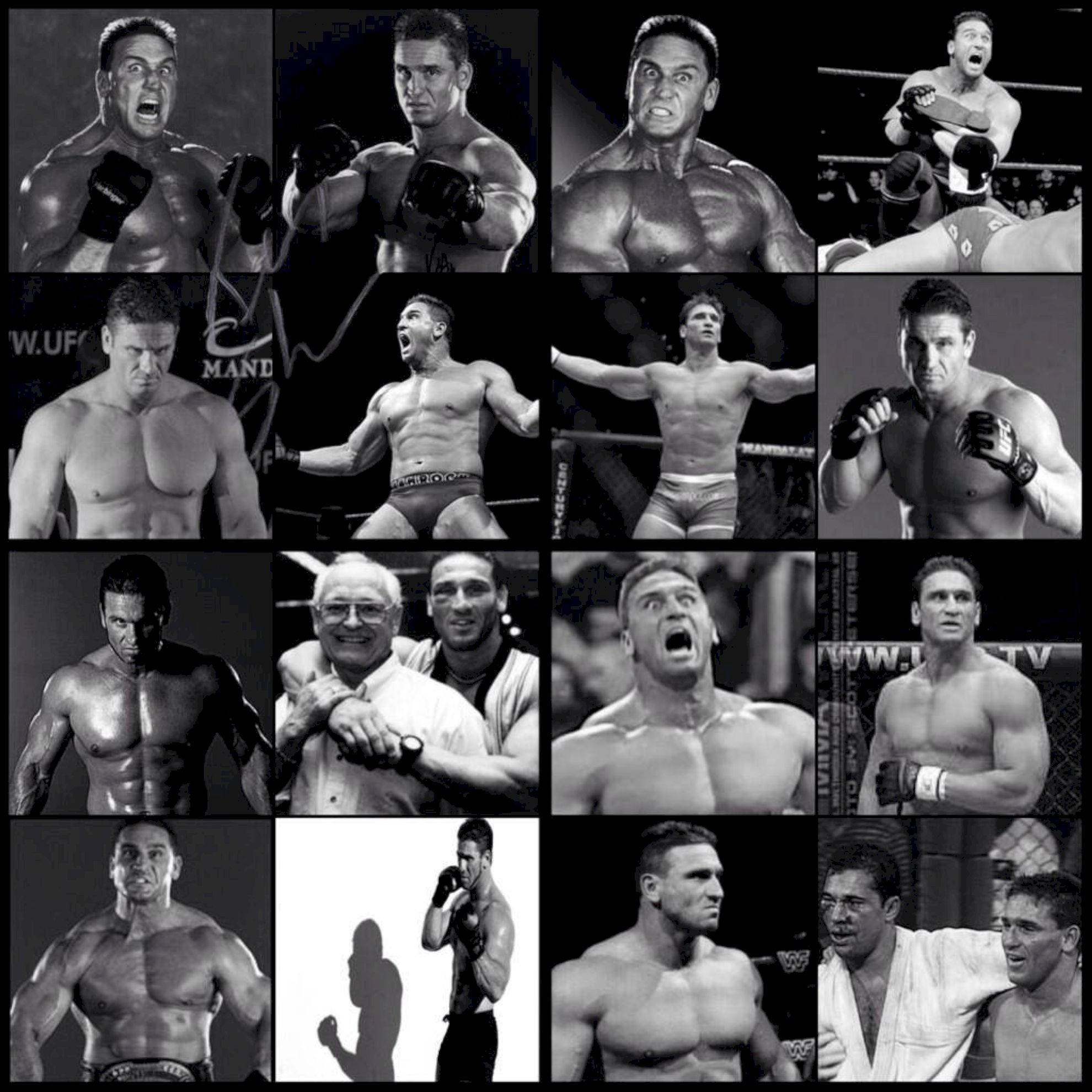 Ken Shamrock, black and white collage, muscular fighter, Full HD Desktop Wallpaper