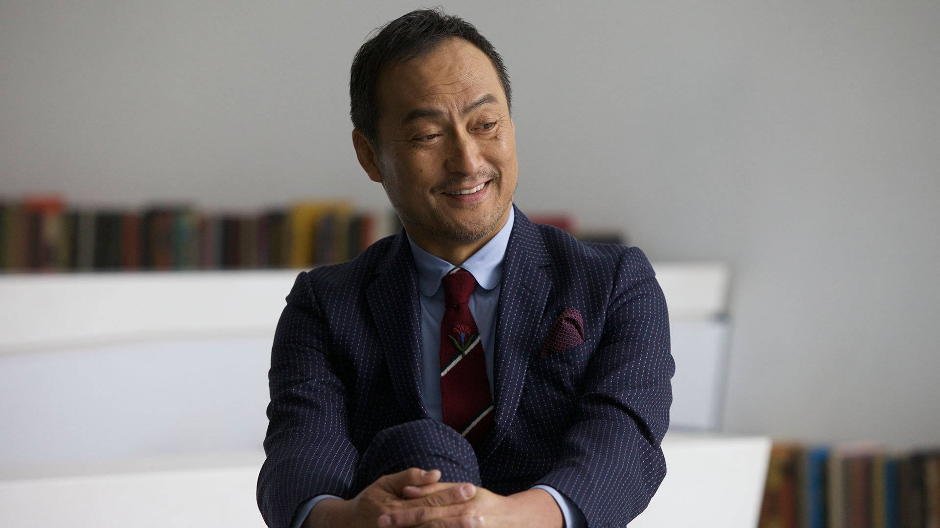 Ken Watanabe, pinstripe suit, bookshelf backdrop, Full HD Desktop Wallpaper