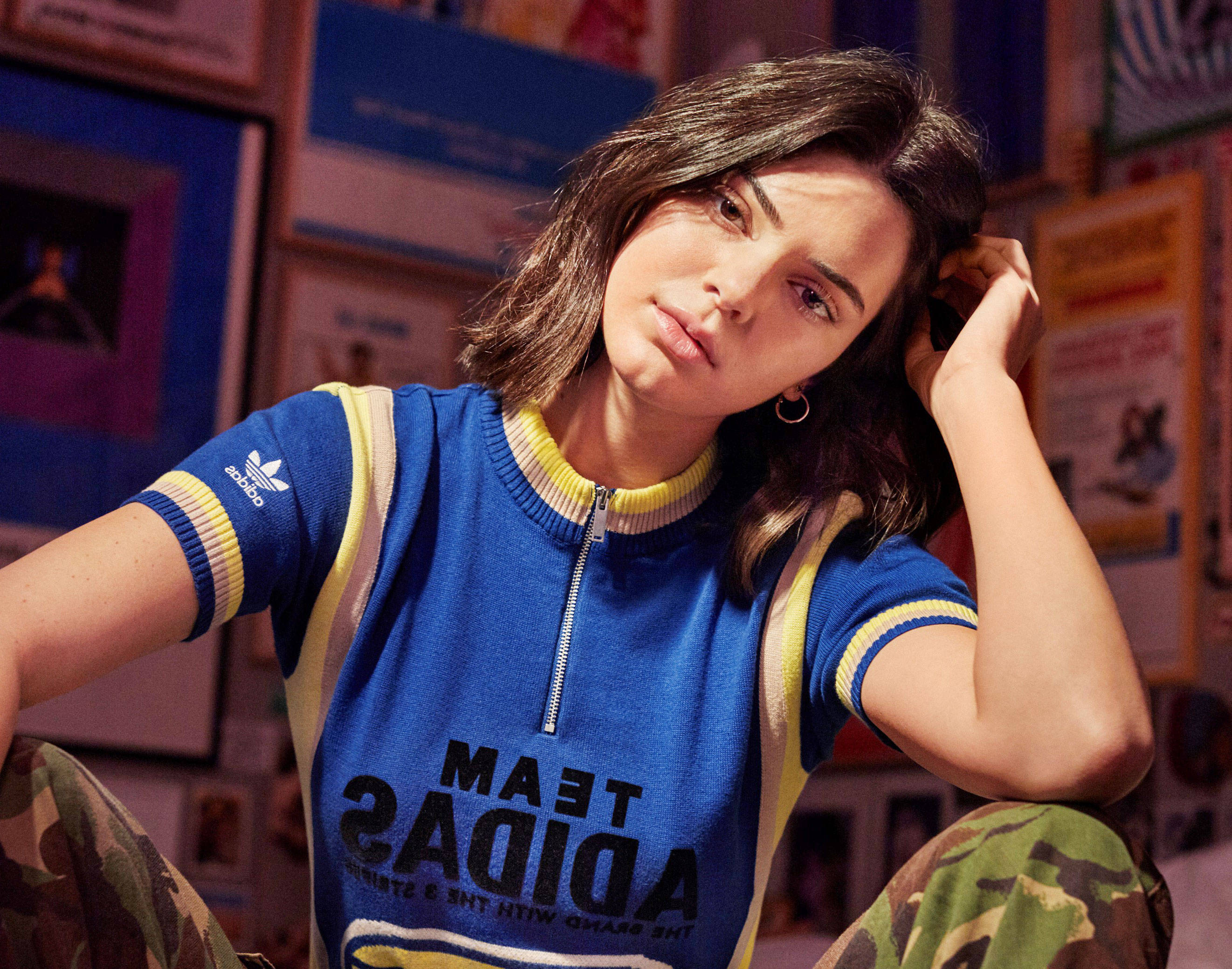 Kendall Jenner, adidas, blue Adidas sweatshirt, 2K Desktop Wallpaper
