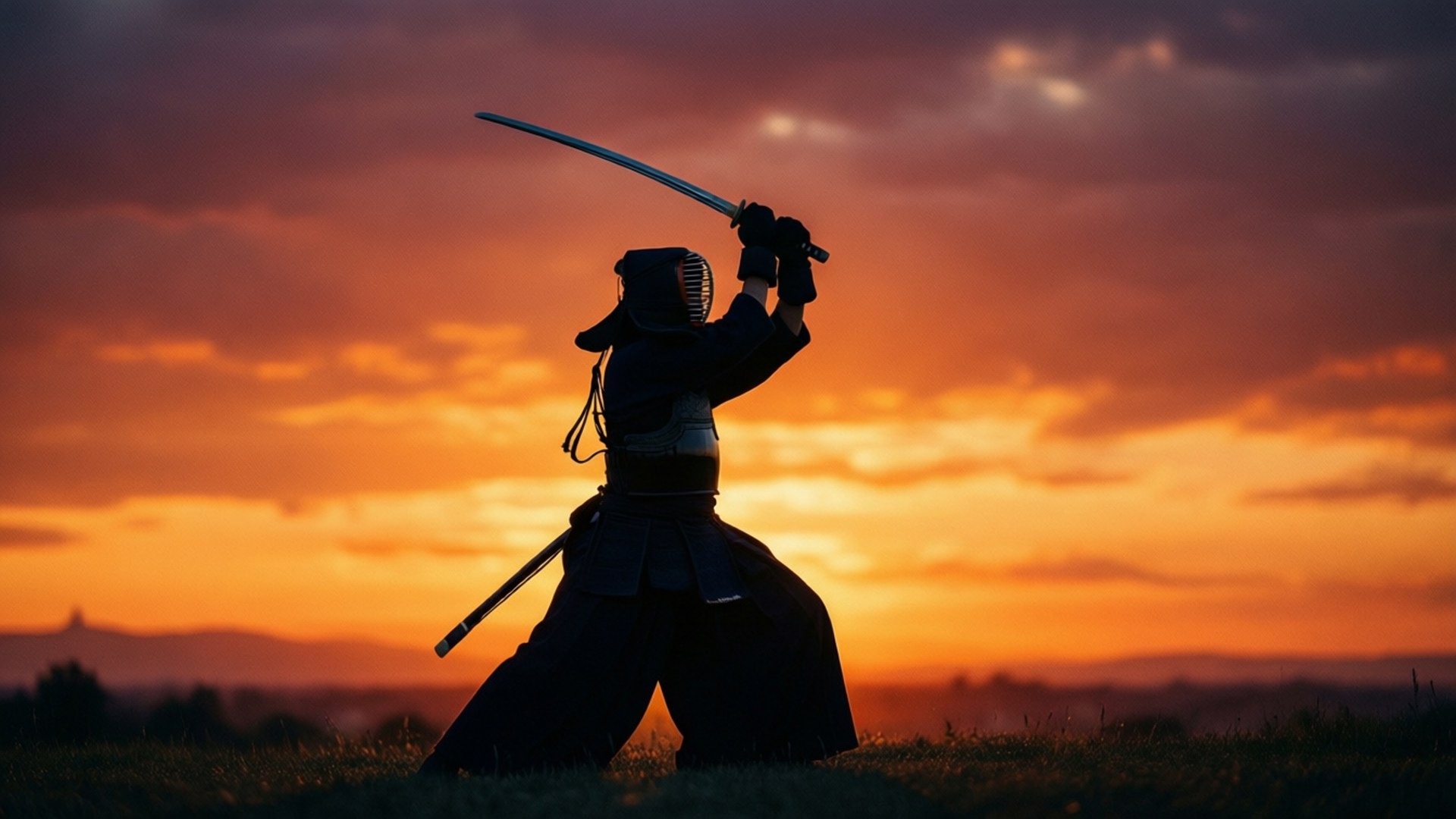 Sunset Warrior, kendoka, sunset, Full HD Desktop Wallpaper