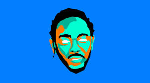 Kendrick Lamar, teal and orange face, solid blue background, SD Desktop Wallpaper