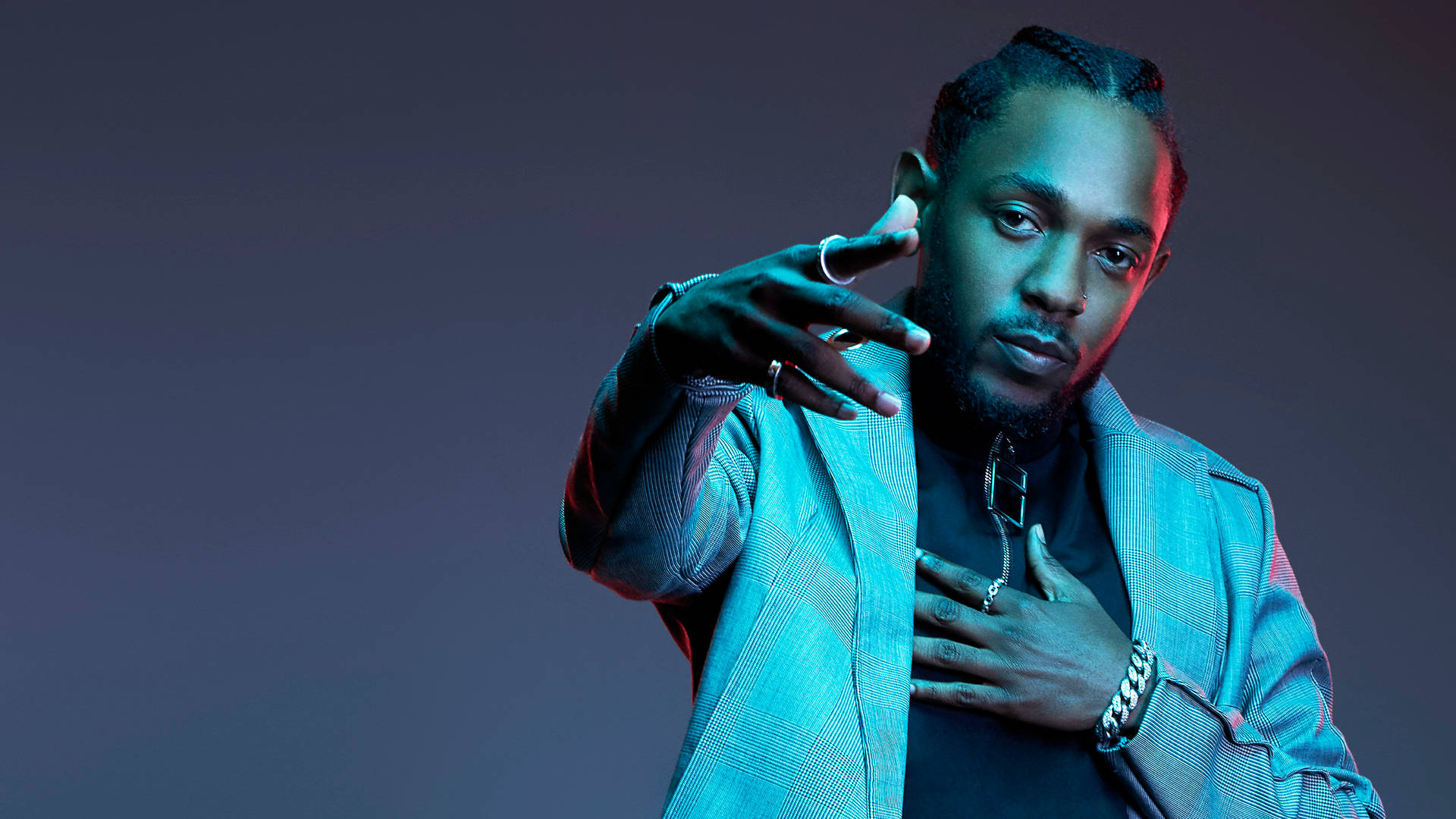 Kendrick Lamar, checkered blazer, blue and red studio lighting, Full HD Desktop Wallpaper