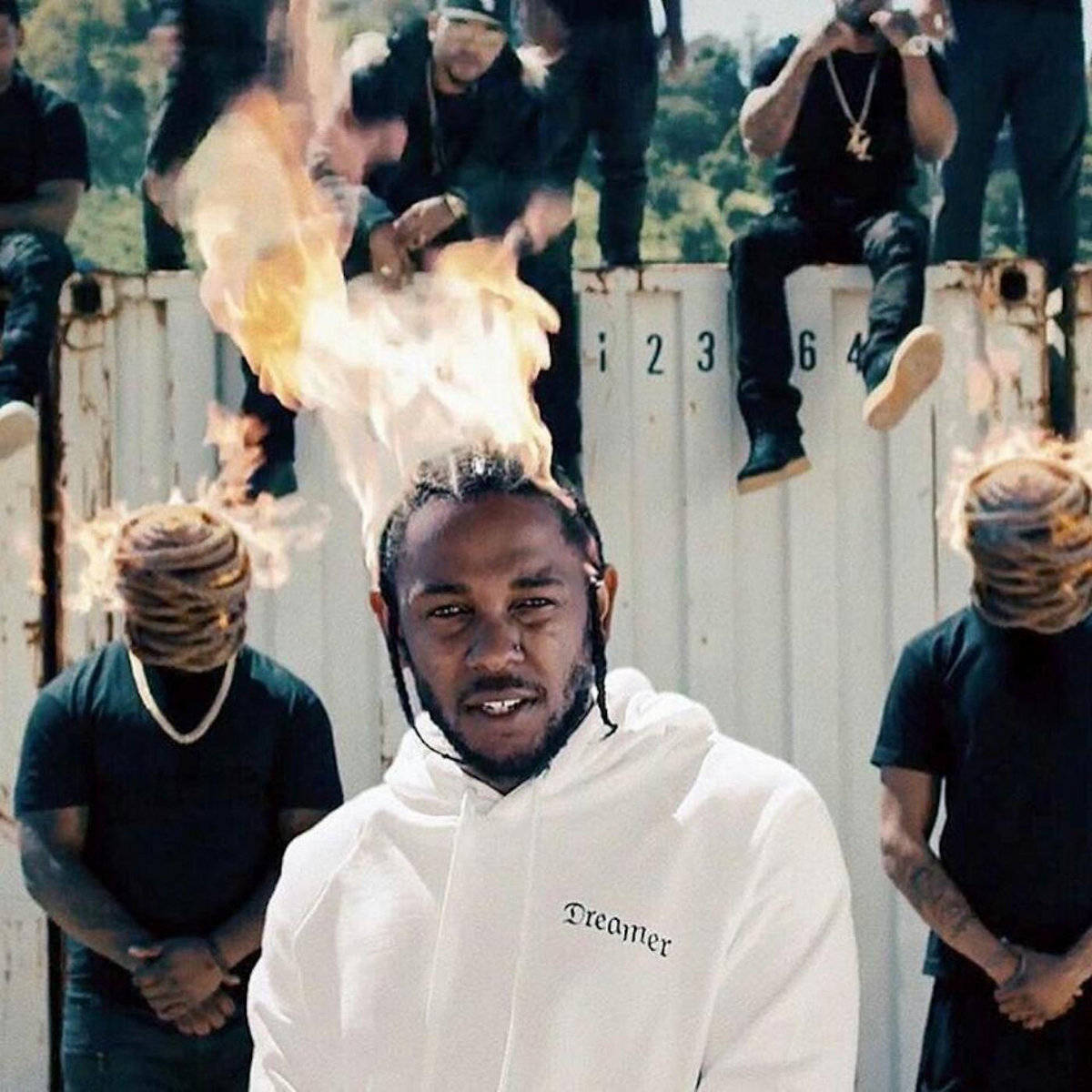 Kendrick Lamar, white hoodie, flames erupting from his head, SD Desktop Wallpaper