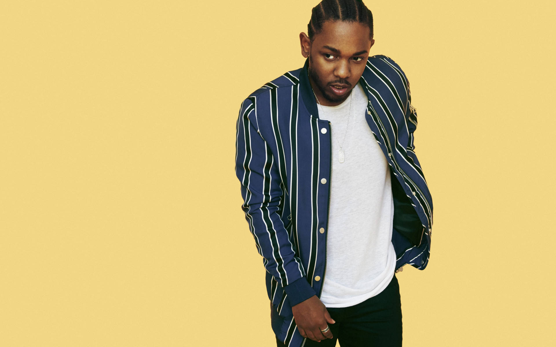 Kendrick Lamar, yellow background, blue striped jacket, Full HD Desktop Wallpaper