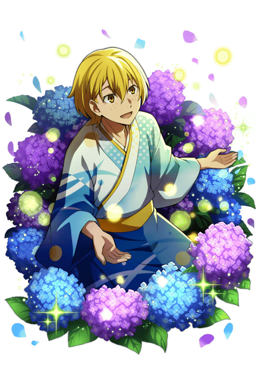 Kenji Miyazawa, blue kimono, glowing purple and blue hydrangeas, SD Phone Wallpaper