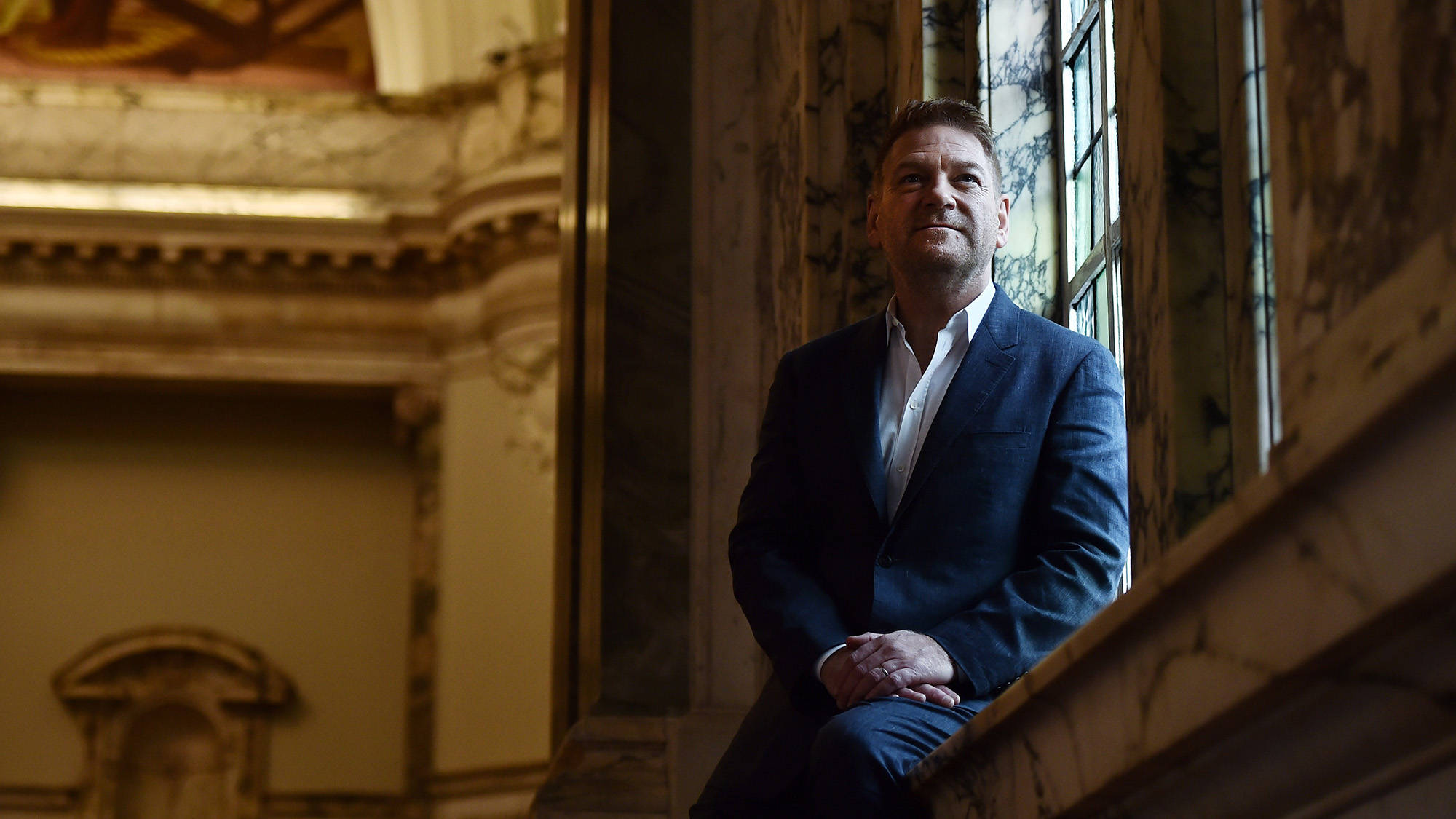 Kenneth Branagh, dark suit, marble ledge, Full HD Desktop Wallpaper