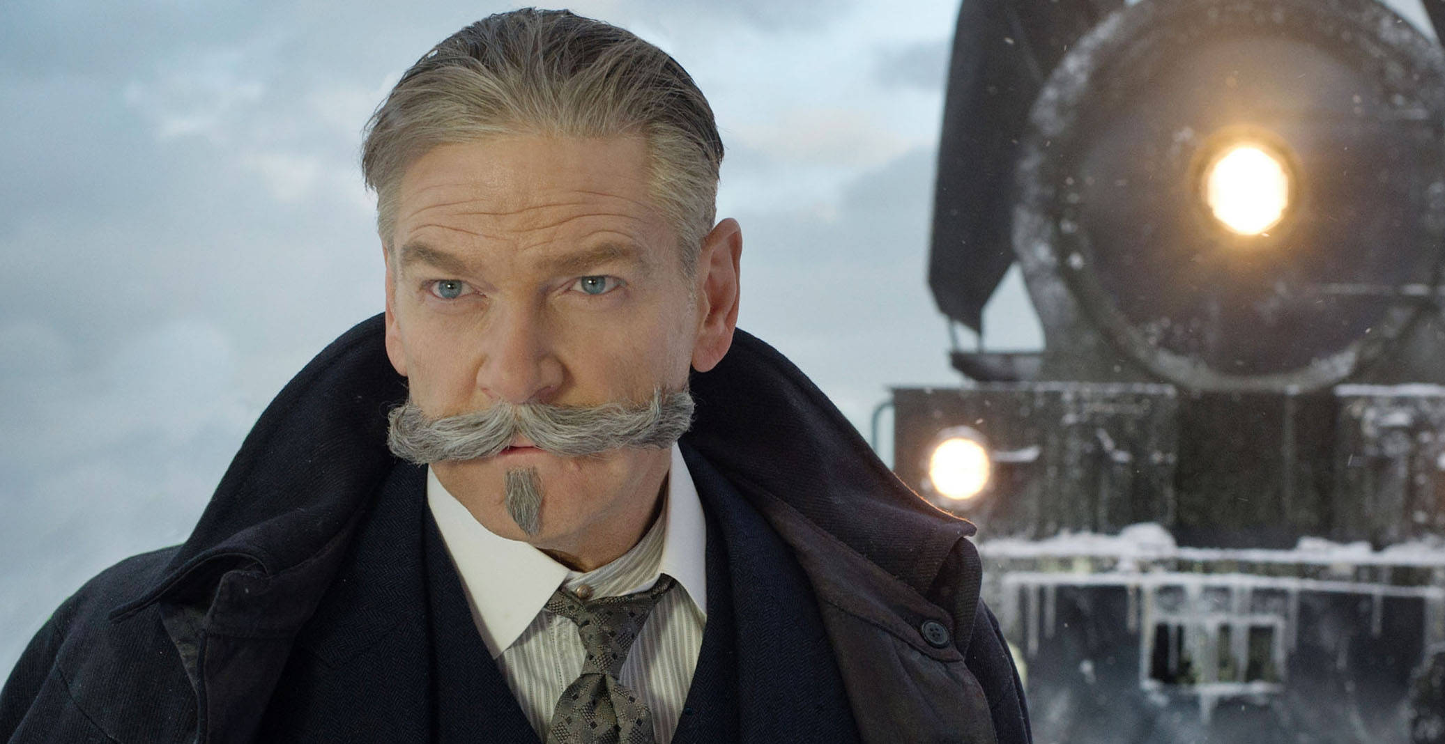 Kenneth Branagh, snow-covered train, glowing headlight, Full HD Desktop Wallpaper