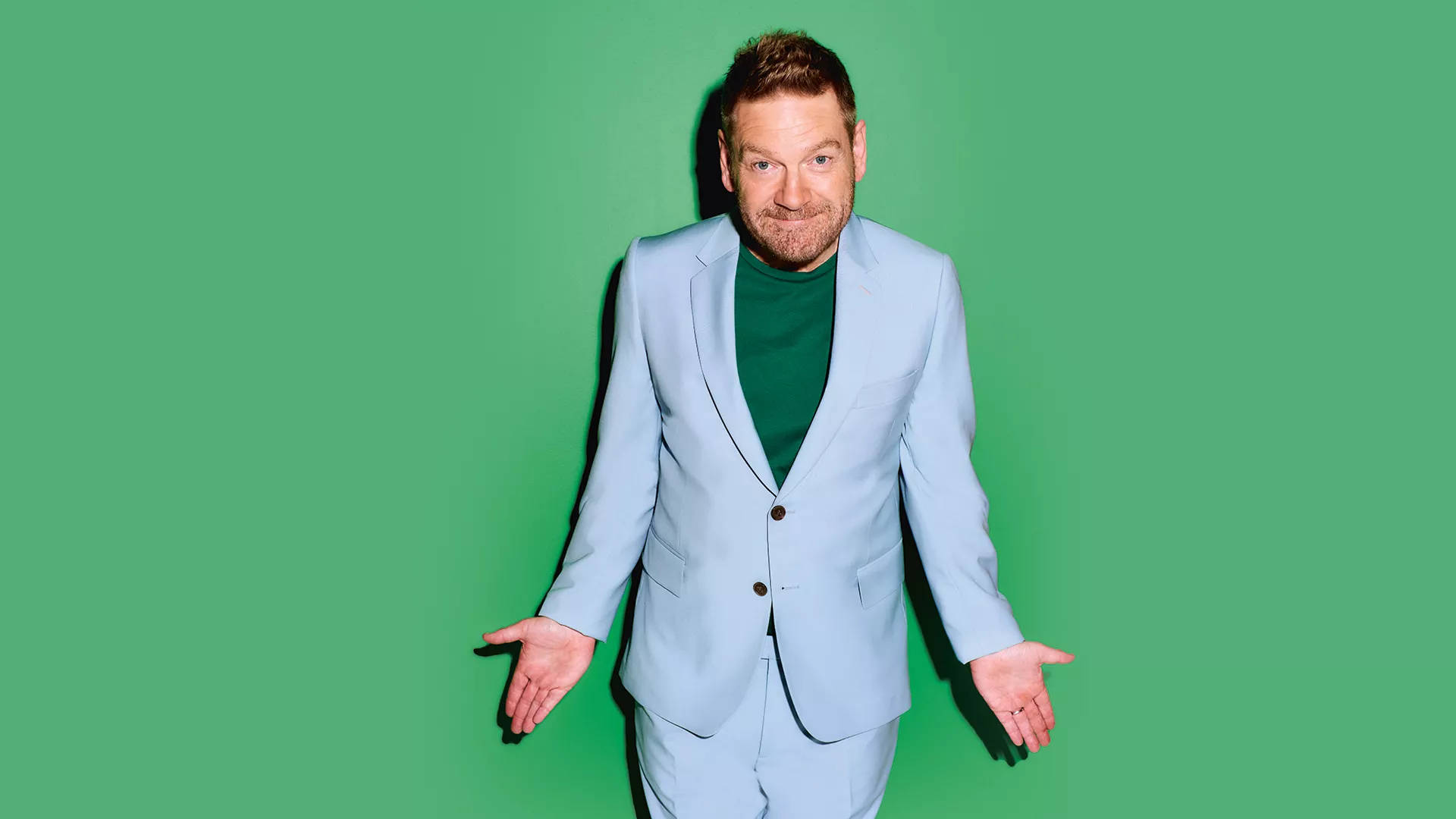 Kenneth Branagh, light blue suit, green shirt, Full HD Desktop Wallpaper