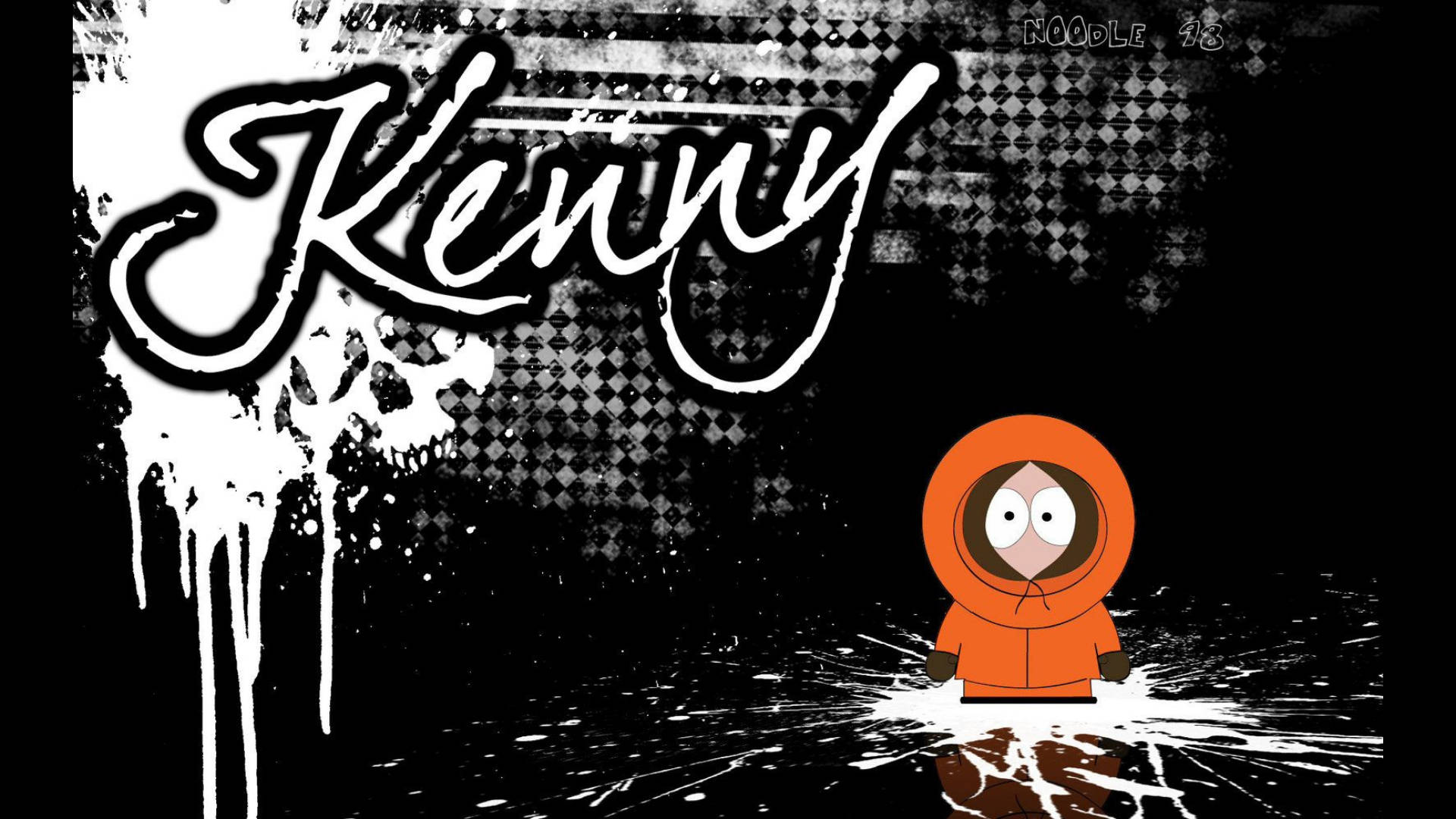 Kenny McCormick, orange hooded jacket, black and white graffiti background, Full HD Desktop Wallpaper