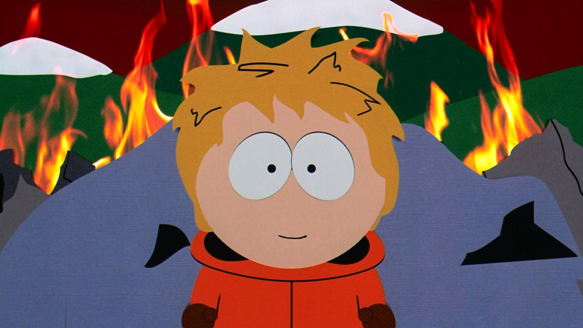 Kenny McCormick, orange jacket, fiery mountains, Full HD Desktop Wallpaper