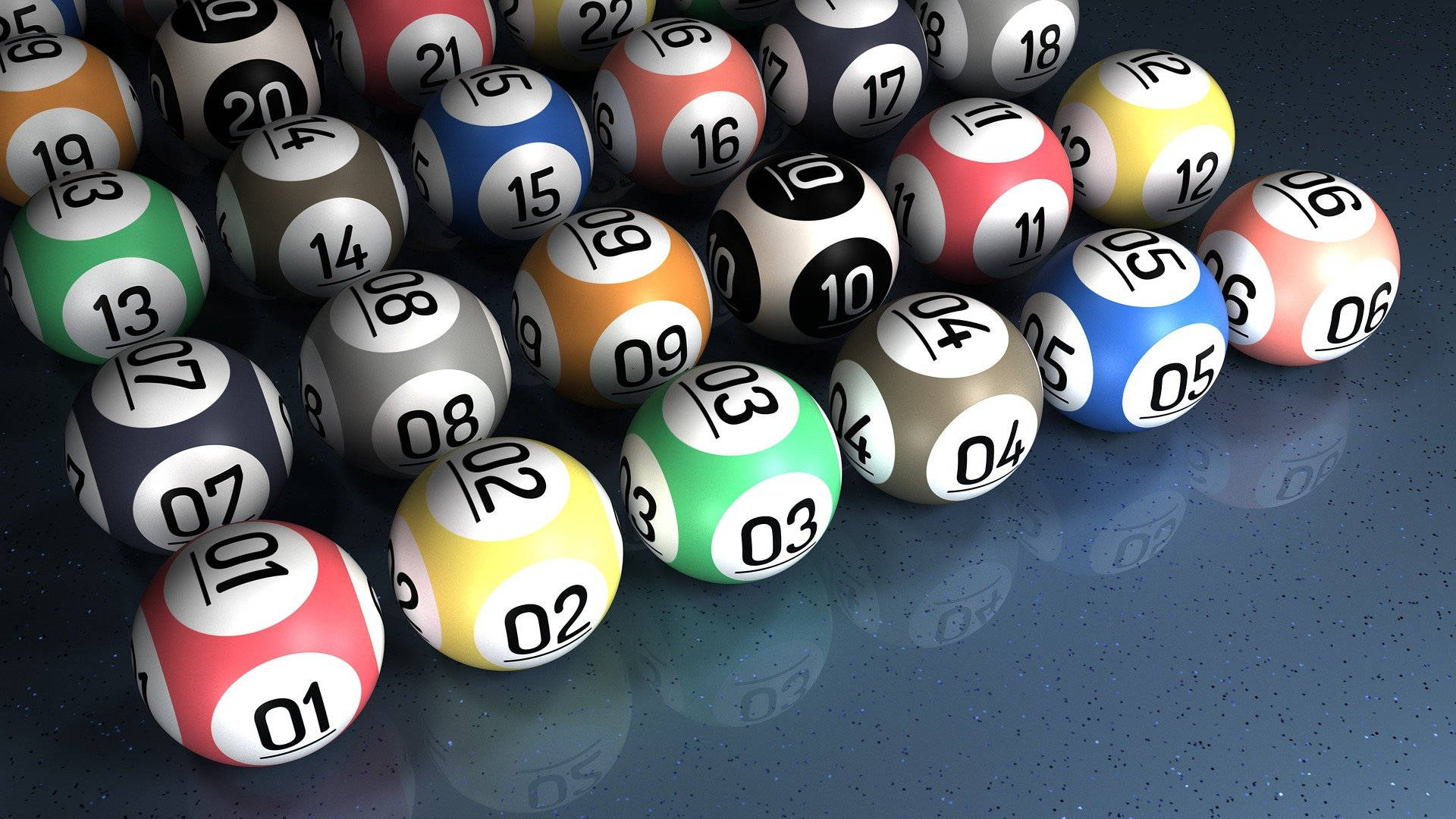colored keno ball numbers, numbered lottery balls, dark reflective surface, Full HD Desktop Wallpaper
