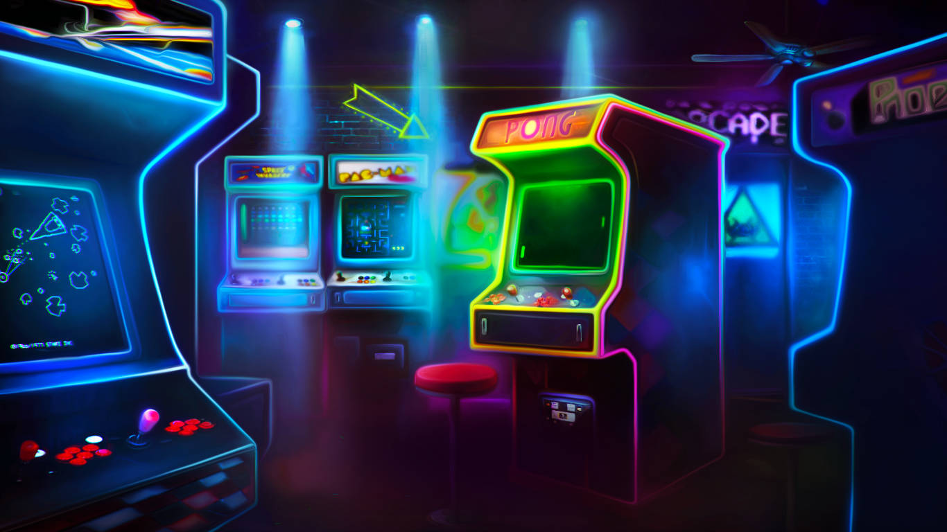 Keno, neon-lit arcade machines, retro gaming den, HD Desktop Wallpaper