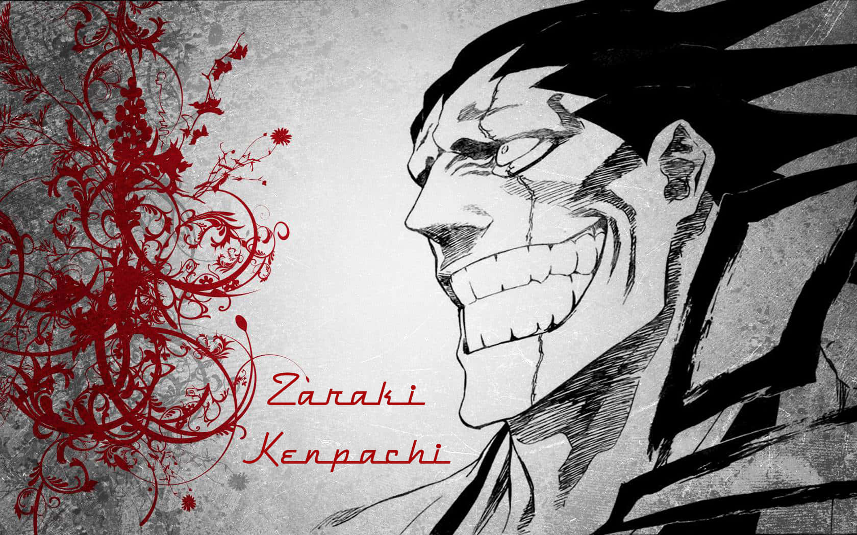 Kenpachi Zaraki, red floral swirls, textured gray background, HD Desktop Wallpaper