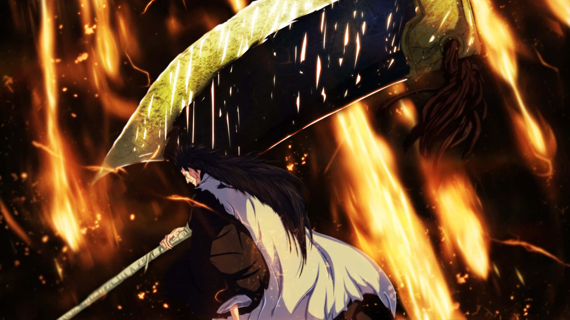 Kenpachi Zaraki, flaming scythe, roaring fire, Full HD Desktop Wallpaper