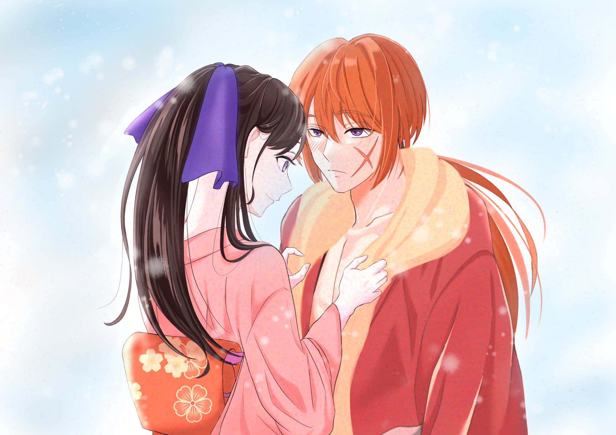 Kenshin, Kaoru, snowy scene, Full HD Desktop Wallpaper