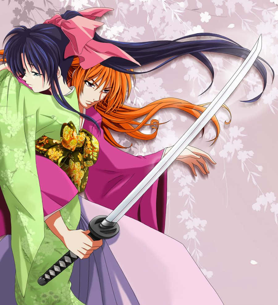 Kenshin and Kaoru, cherry blossom backdrop, traditional kimonos, SD Phone Wallpaper