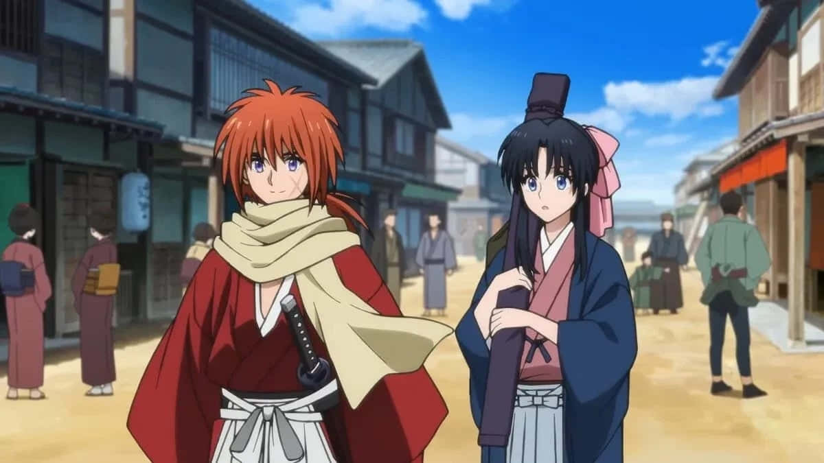 Kenshin And Kaoru, traditional Japanese robes, bustling historic street, SD Desktop Wallpaper