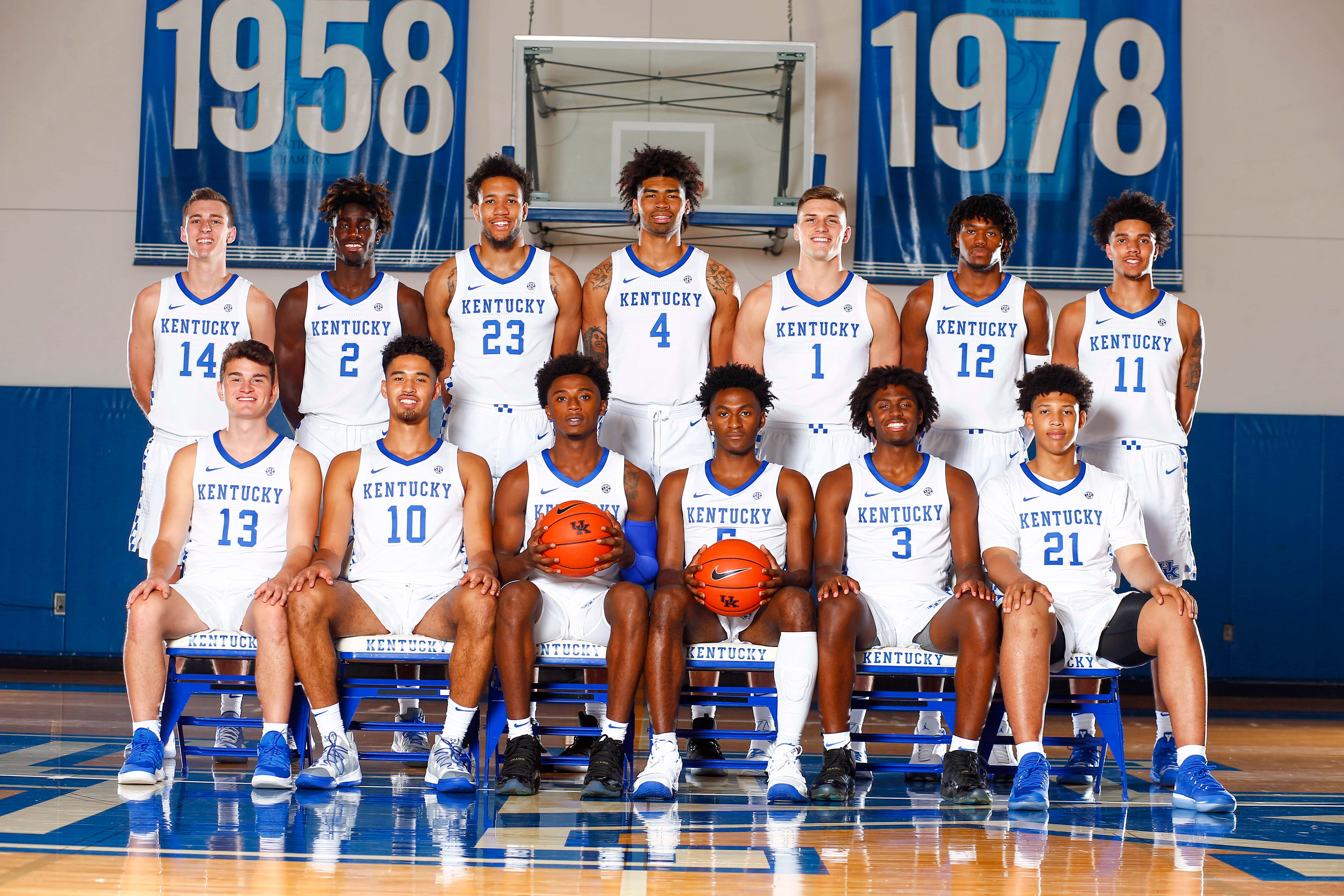 Kentucky Basketball, white jerseys, blue bleachers, 5K Desktop Wallpaper