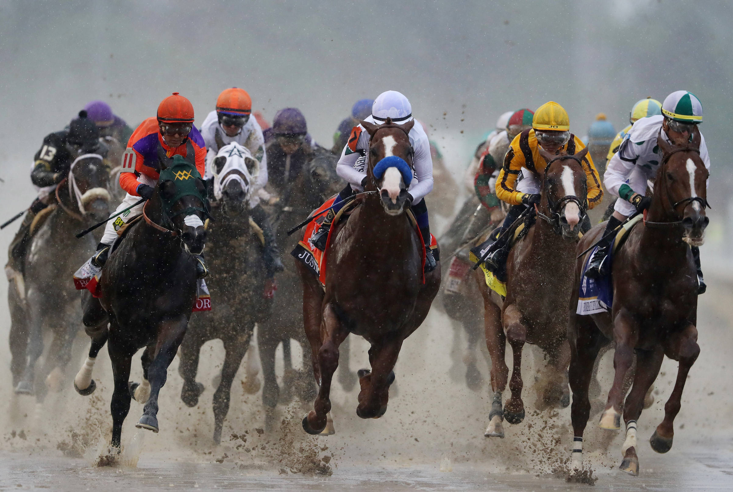 2019 Kentucky Derby, jockeys, colorful silks, Full HD Desktop Wallpaper