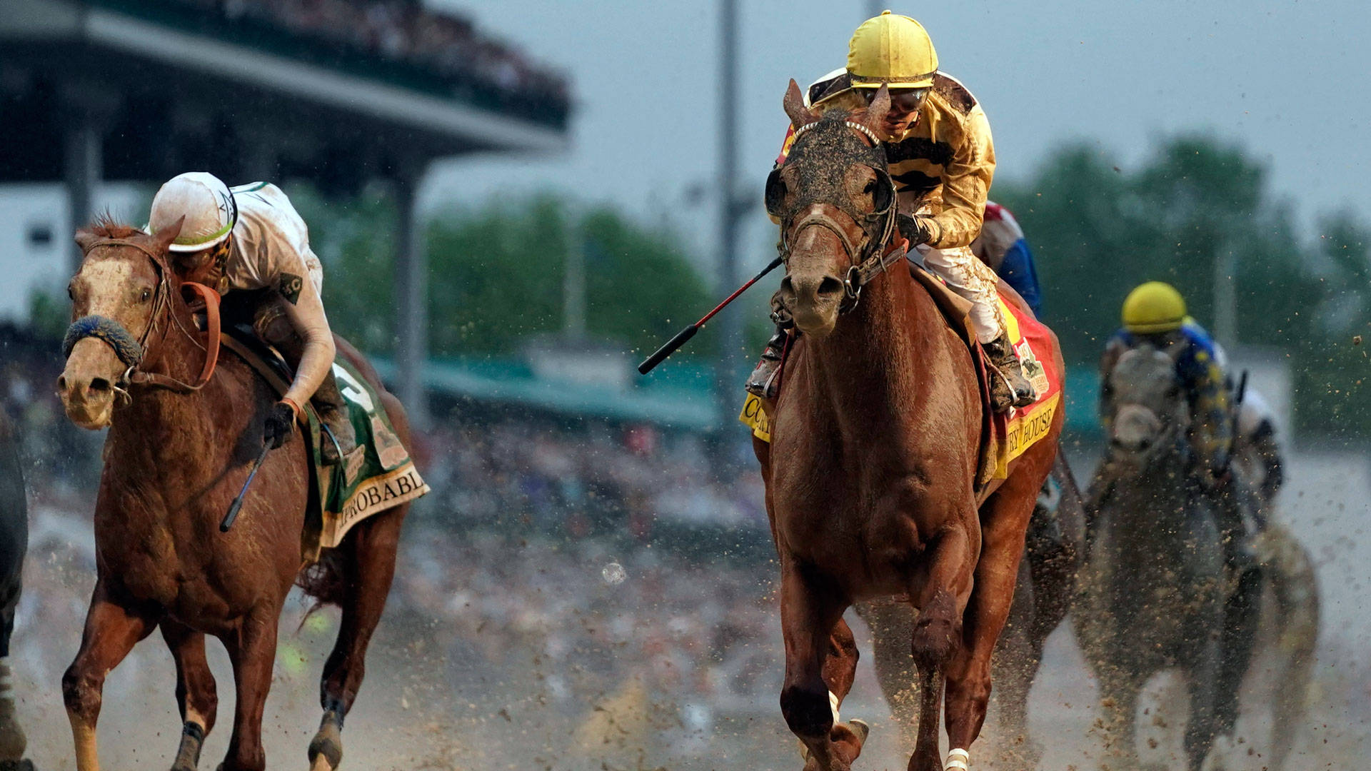 2019 Kentucky Derby, chestnut horses, muddy track, Full HD Desktop Wallpaper