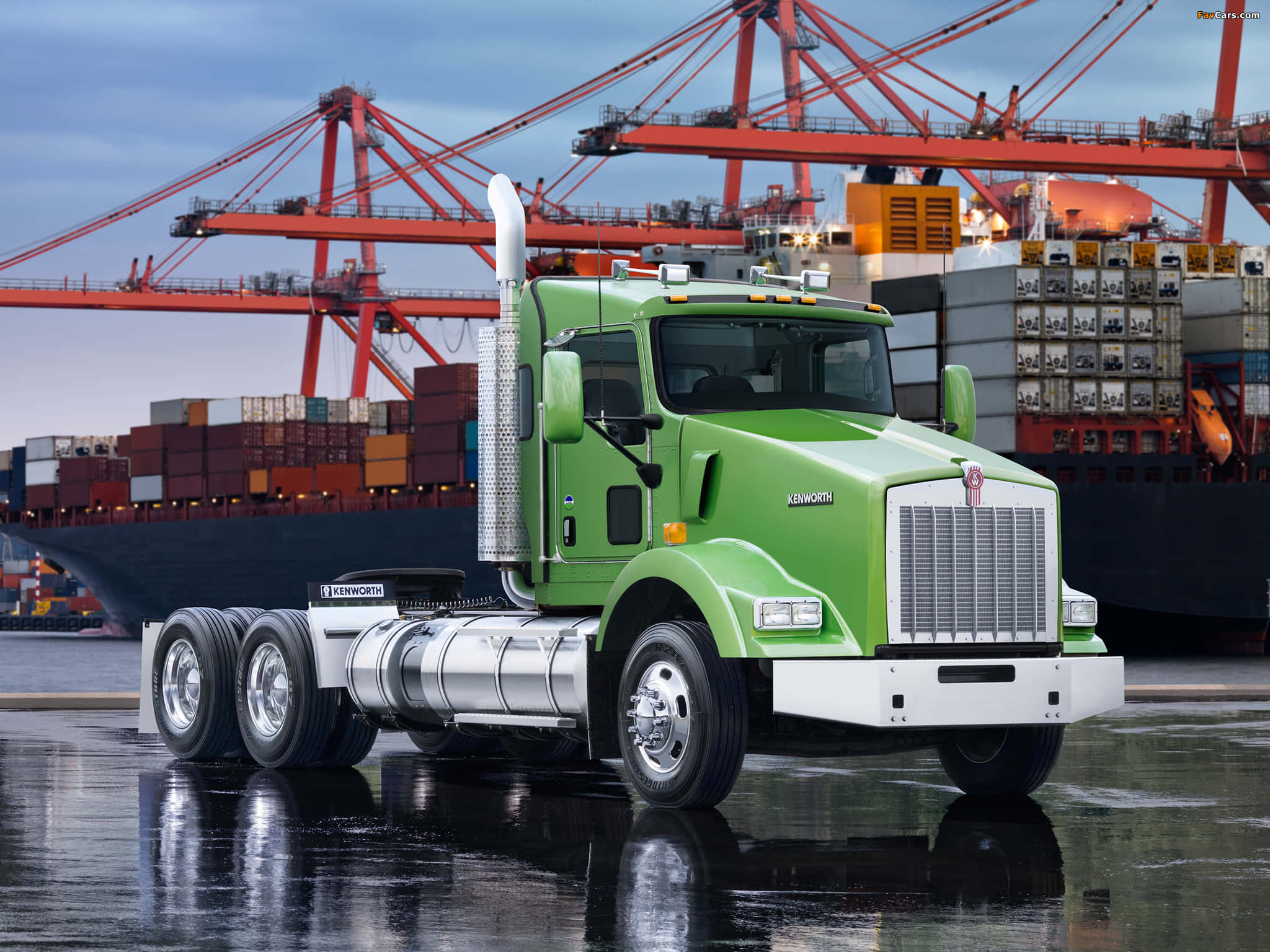 Kenworth T660, vibrant green, wet dock pavement, Full HD Desktop Wallpaper