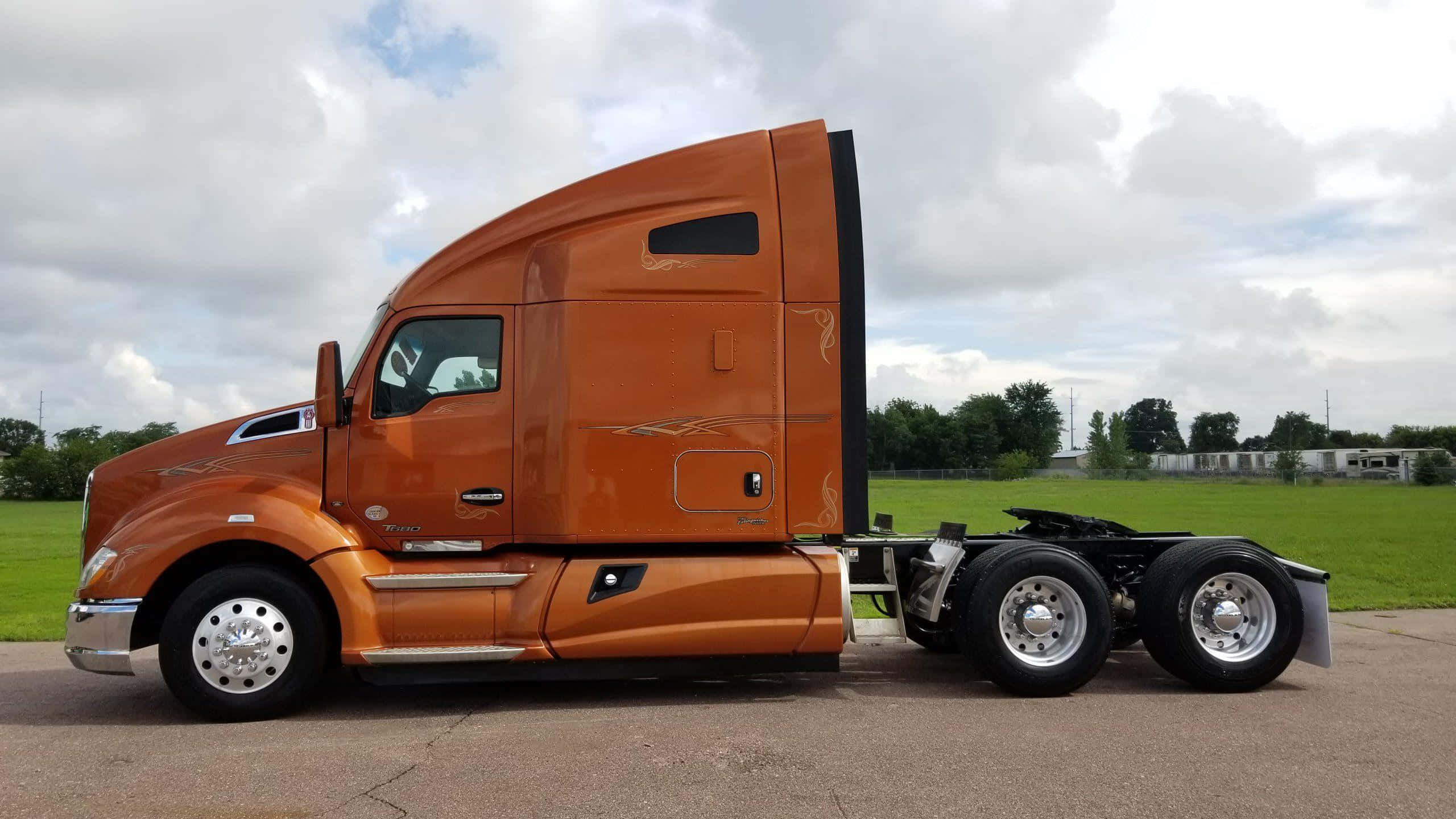 Kenworth T680, orange, green fields, 2K Desktop Wallpaper