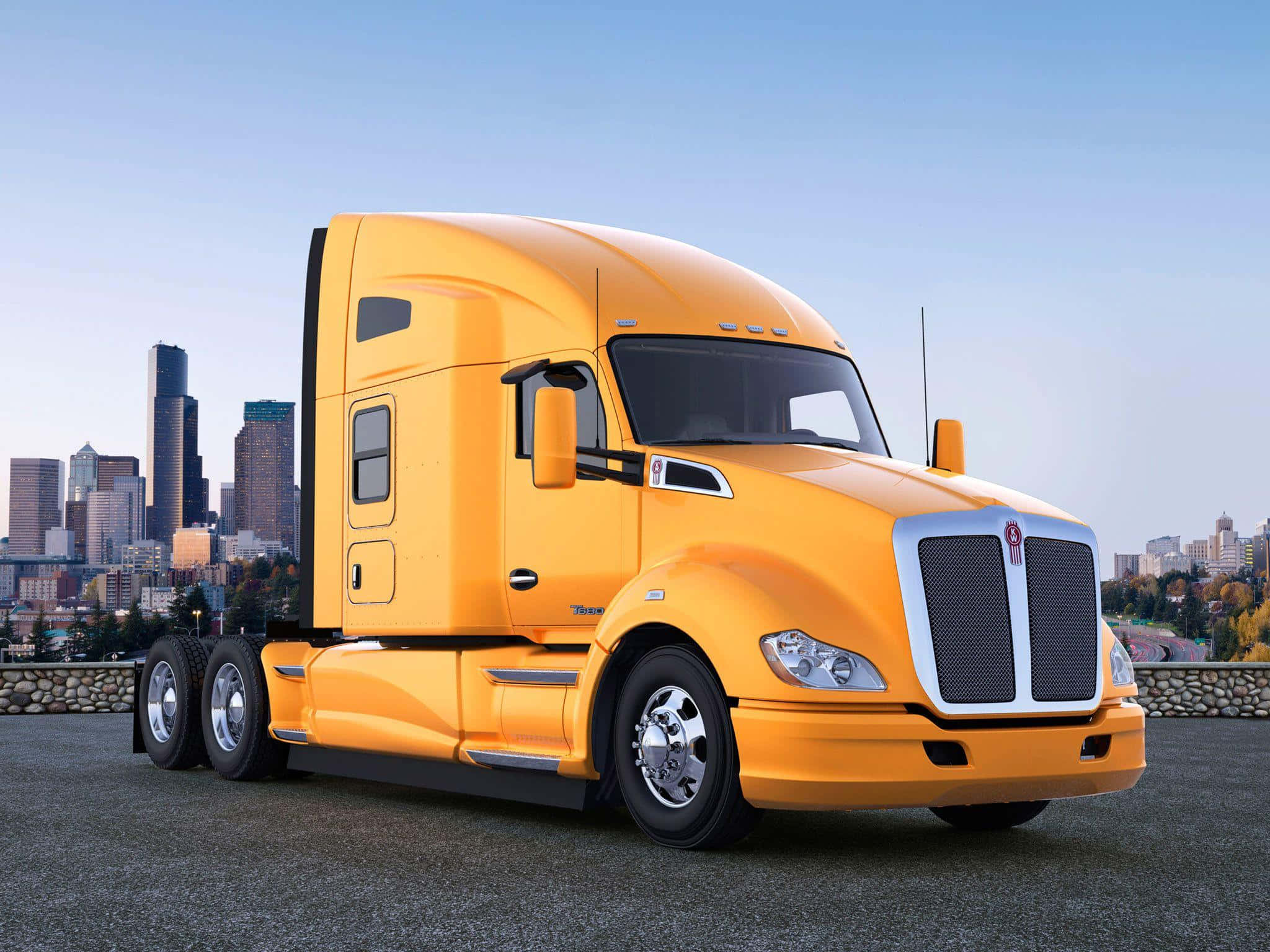 Kenworth T680, bright yellow, paved overlook, Full HD Desktop Wallpaper