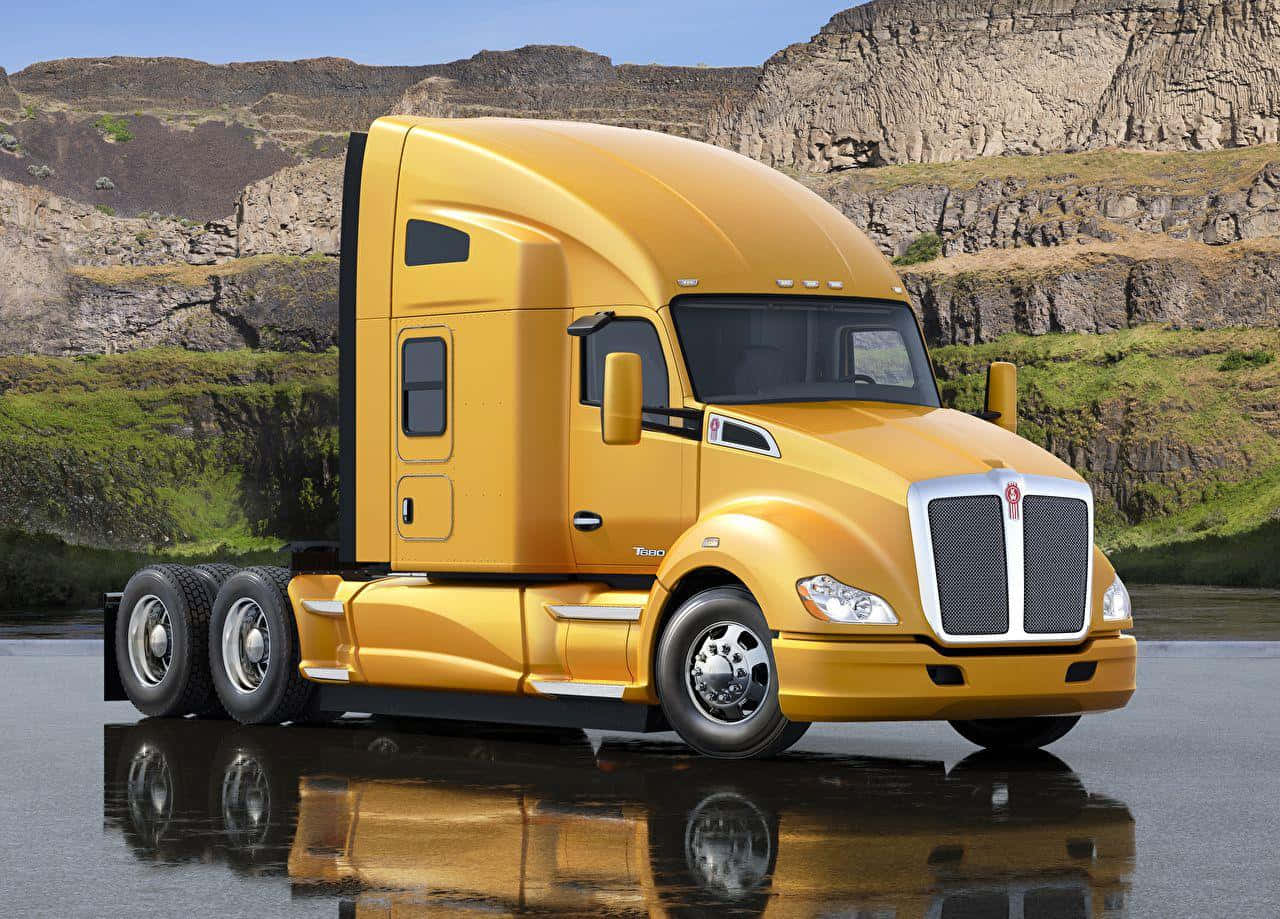 Kenworth T680, gleaming gold, wet pavement, HD Desktop Wallpaper