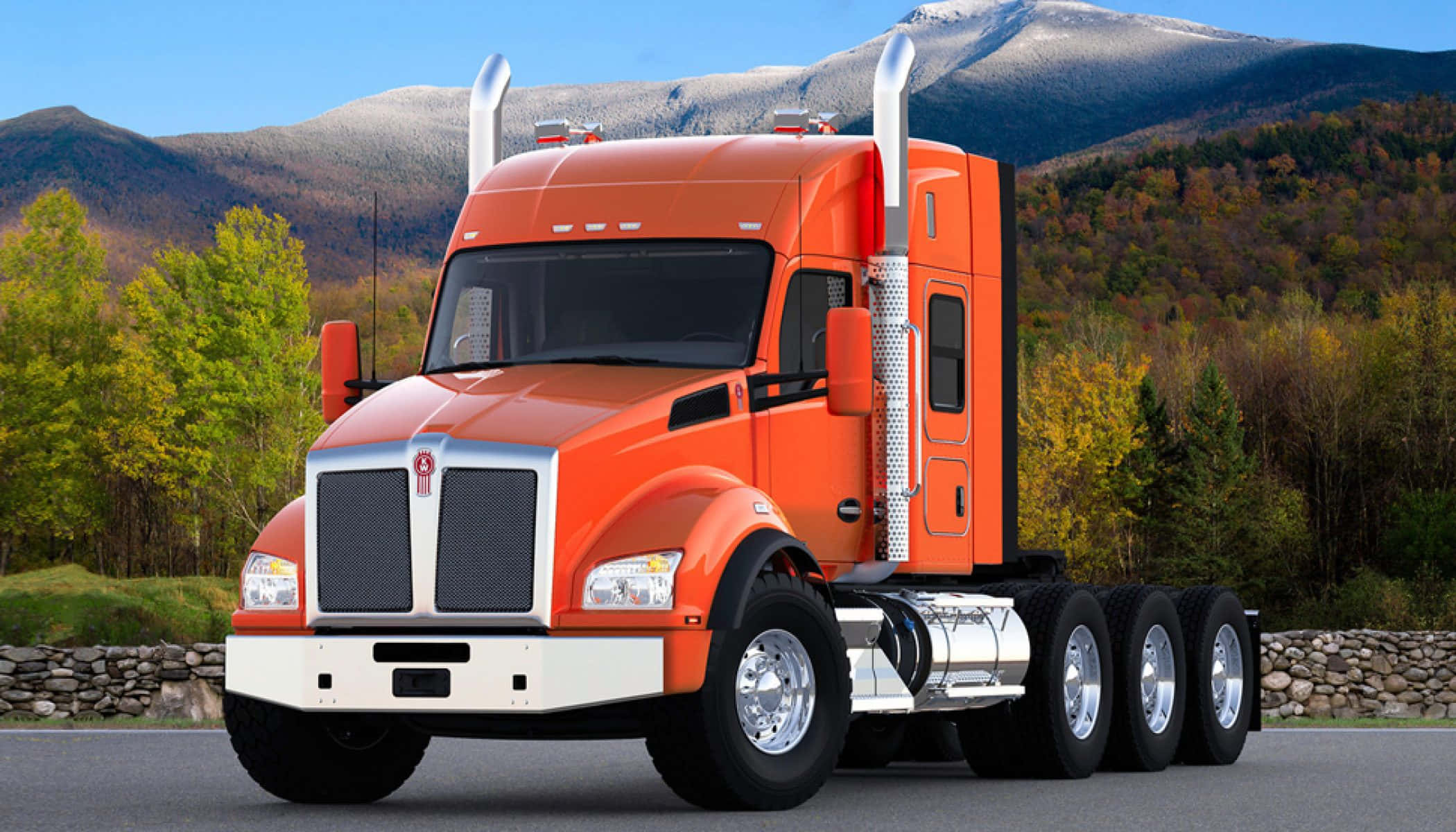 Kenworth T880, bright orange, chrome accents, Full HD Desktop Wallpaper