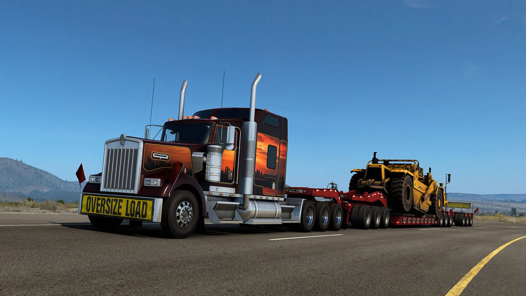 Kenworth W900, sunset mural, yellow bulldozer, Full HD Desktop Wallpaper