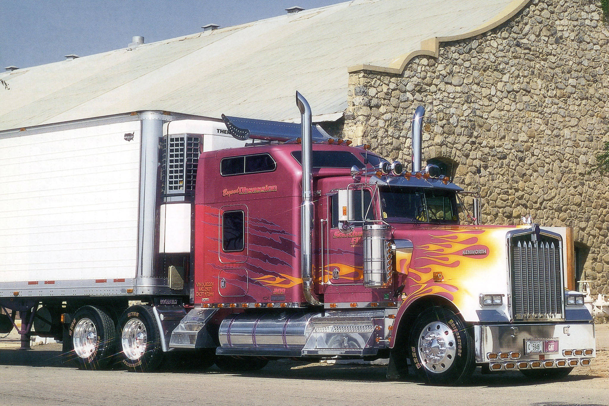 Fiery Red Kenworth W900, Kenworth W900, pink and orange flame-painted, Full HD Desktop Wallpaper
