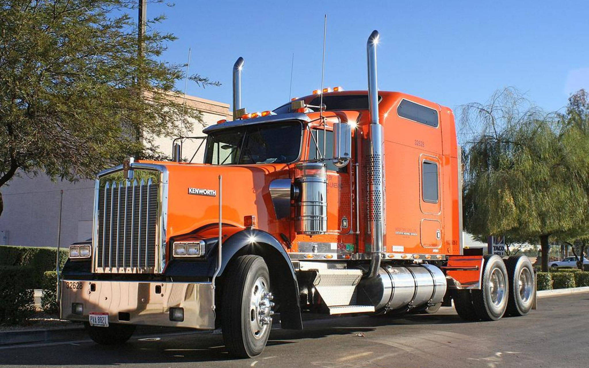 2014 Kenworth W900, bright orange, clear blue skies, Full HD Desktop Wallpaper