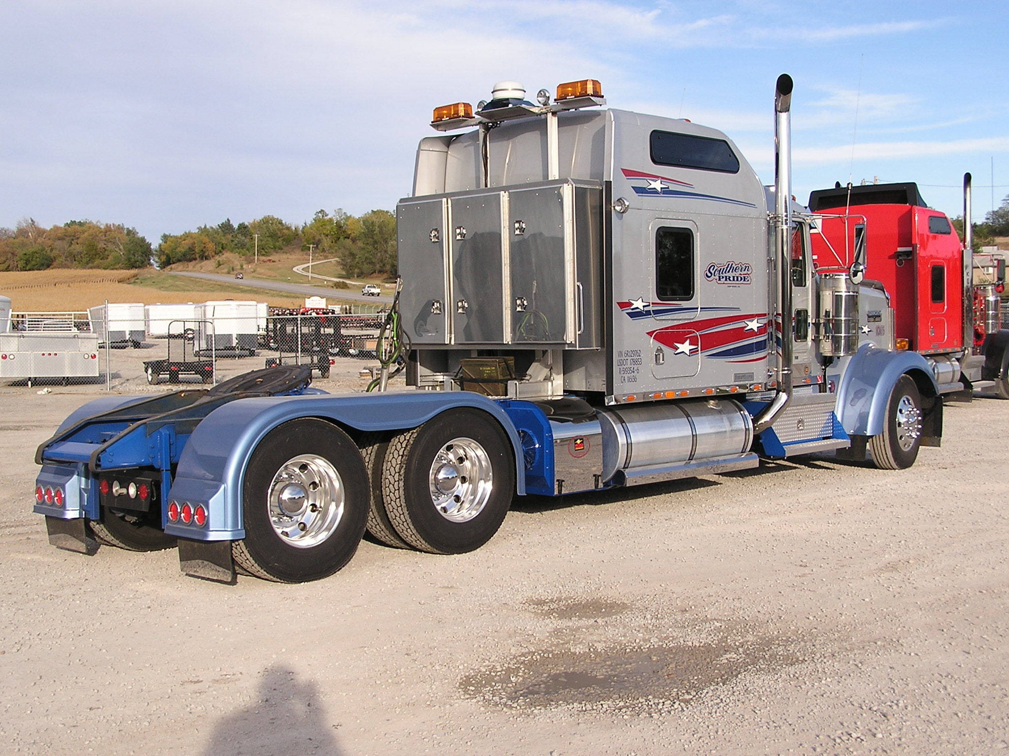 Kenworth W900, silver and blue, red white and blue patriotic decals, Full HD Desktop Wallpaper