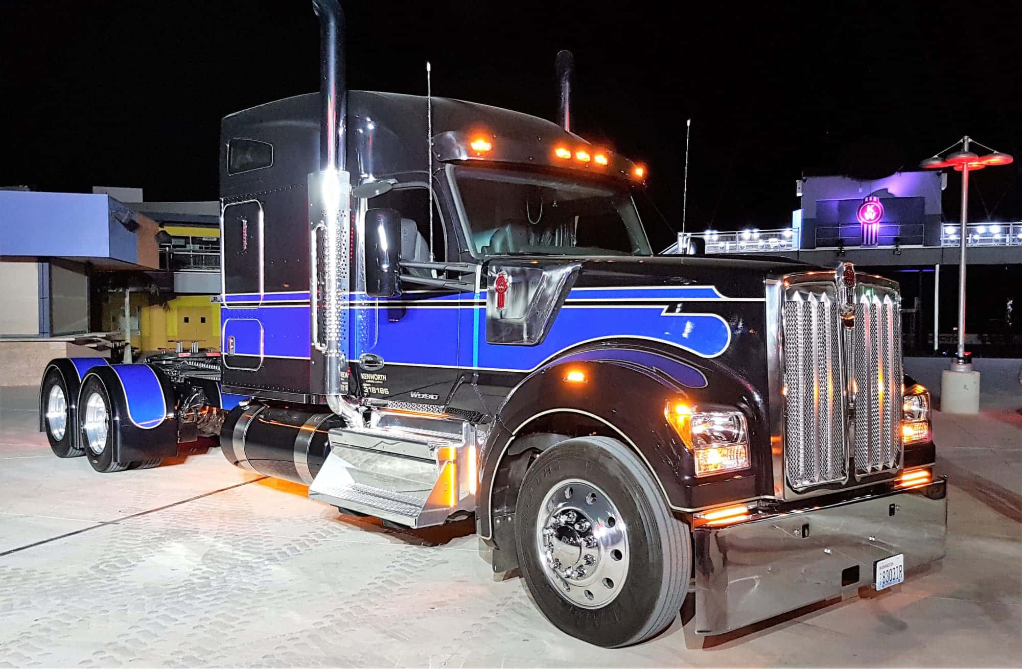 Kenworth W990, black and blue, chrome accents, Full HD Desktop Wallpaper