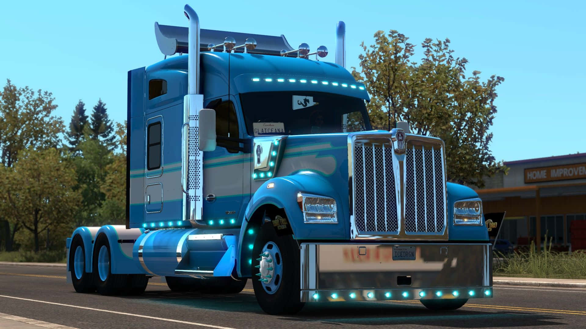 Kenworth W990, gleaming blue, glowing lights, Full HD Desktop Wallpaper