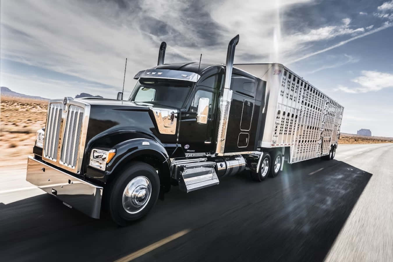 Kenworth W990, sleek black semi-truck, chrome accents, HD Desktop Wallpaper