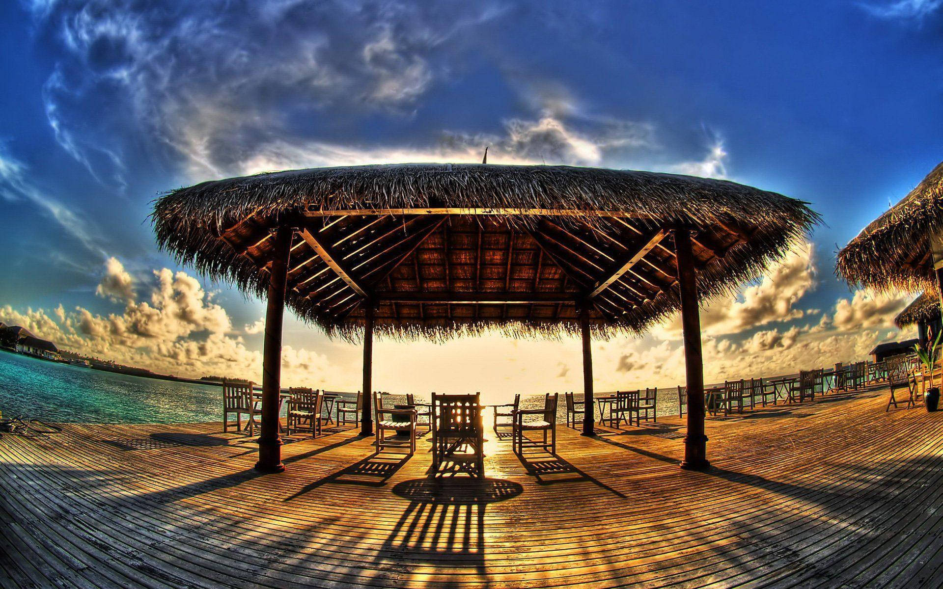 Kenya beach, thatched-roof pavilions, turquoise water, Full HD Desktop Wallpaper