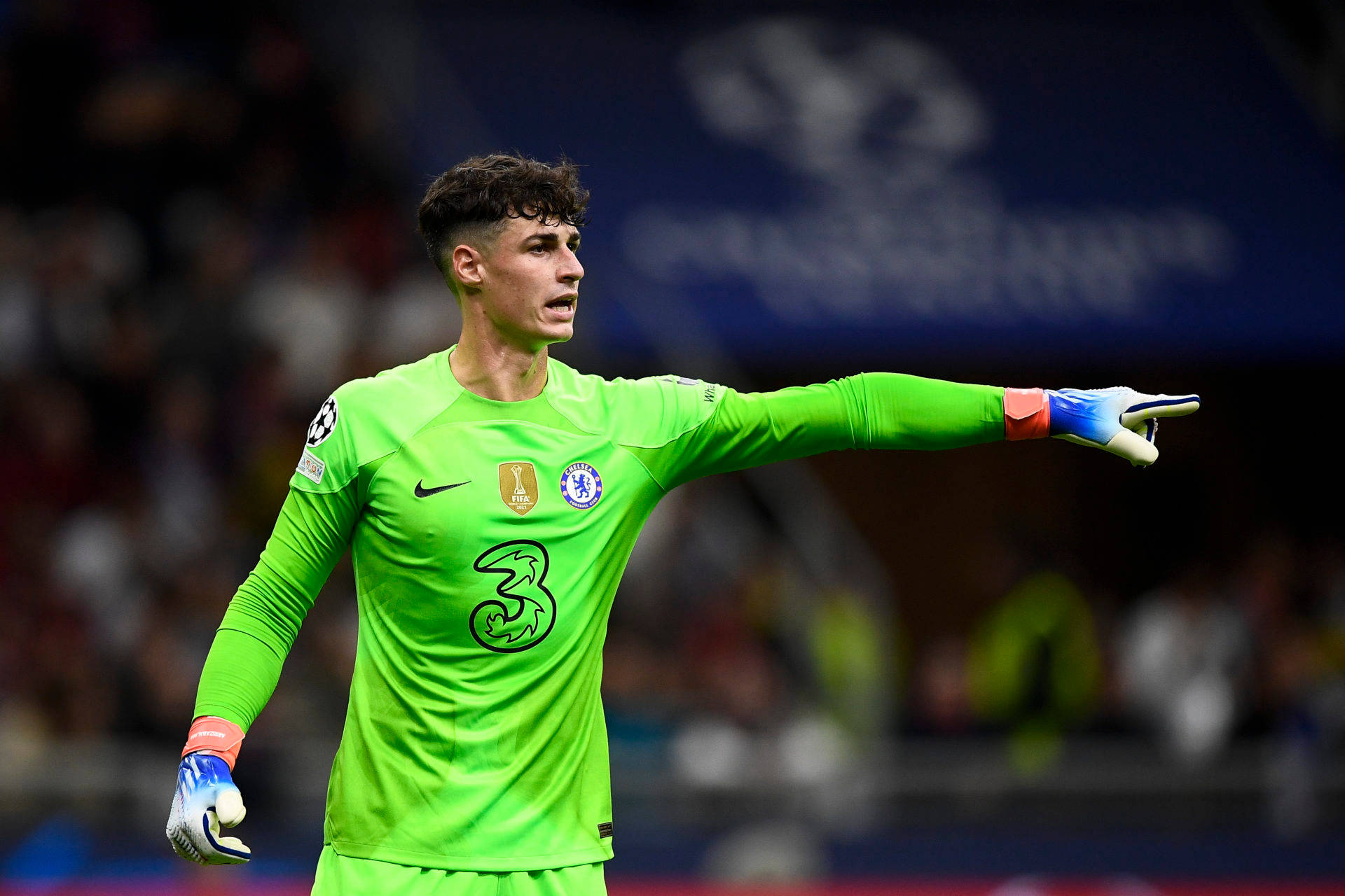 Kepa Arrizabalaga, bright green jersey, stadium lights, Full HD Desktop Wallpaper