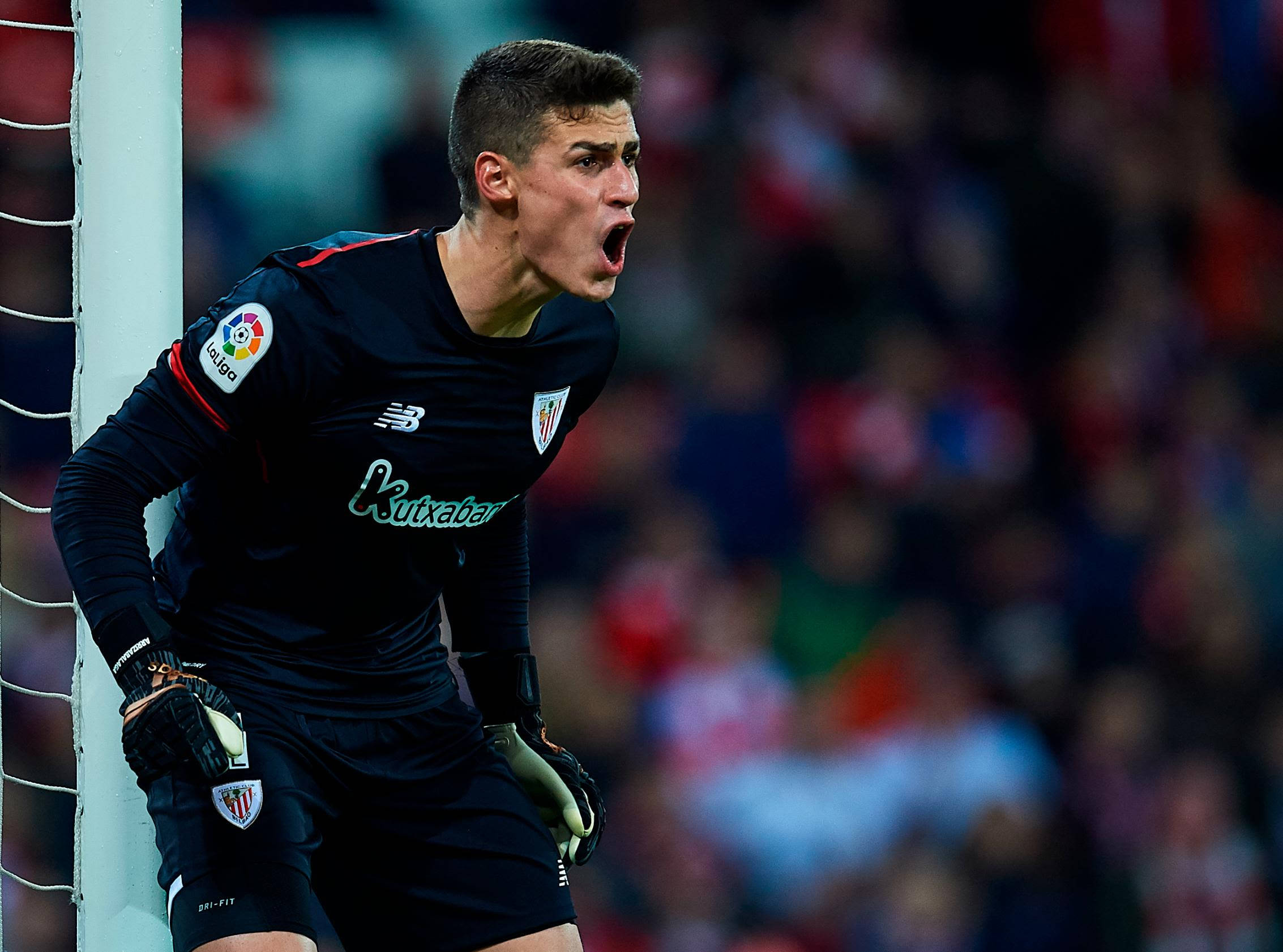 Kepa Arrizabalaga, black uniform, goalpost, Full HD Desktop Wallpaper