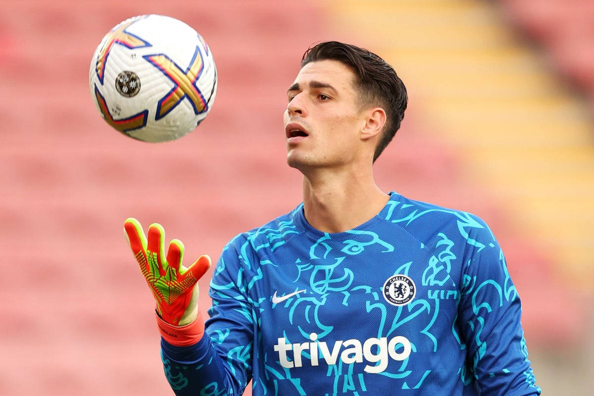 Kepa Arrizabalaga, blue Chelsea kit, colorful match ball, SD Desktop Wallpaper