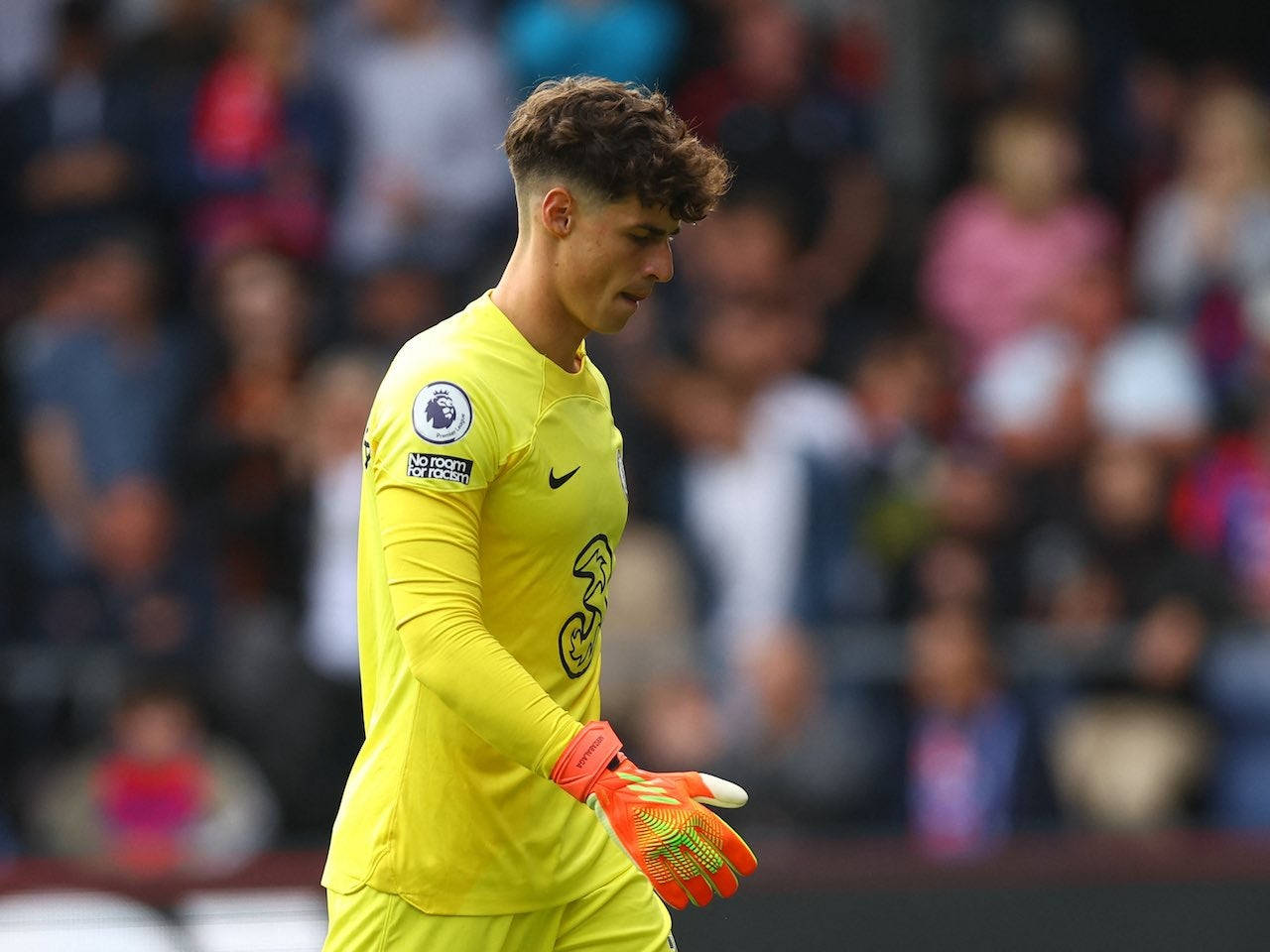 Kepa Arrizabalaga, bright yellow kit, stadium pitch, HD Desktop Wallpaper