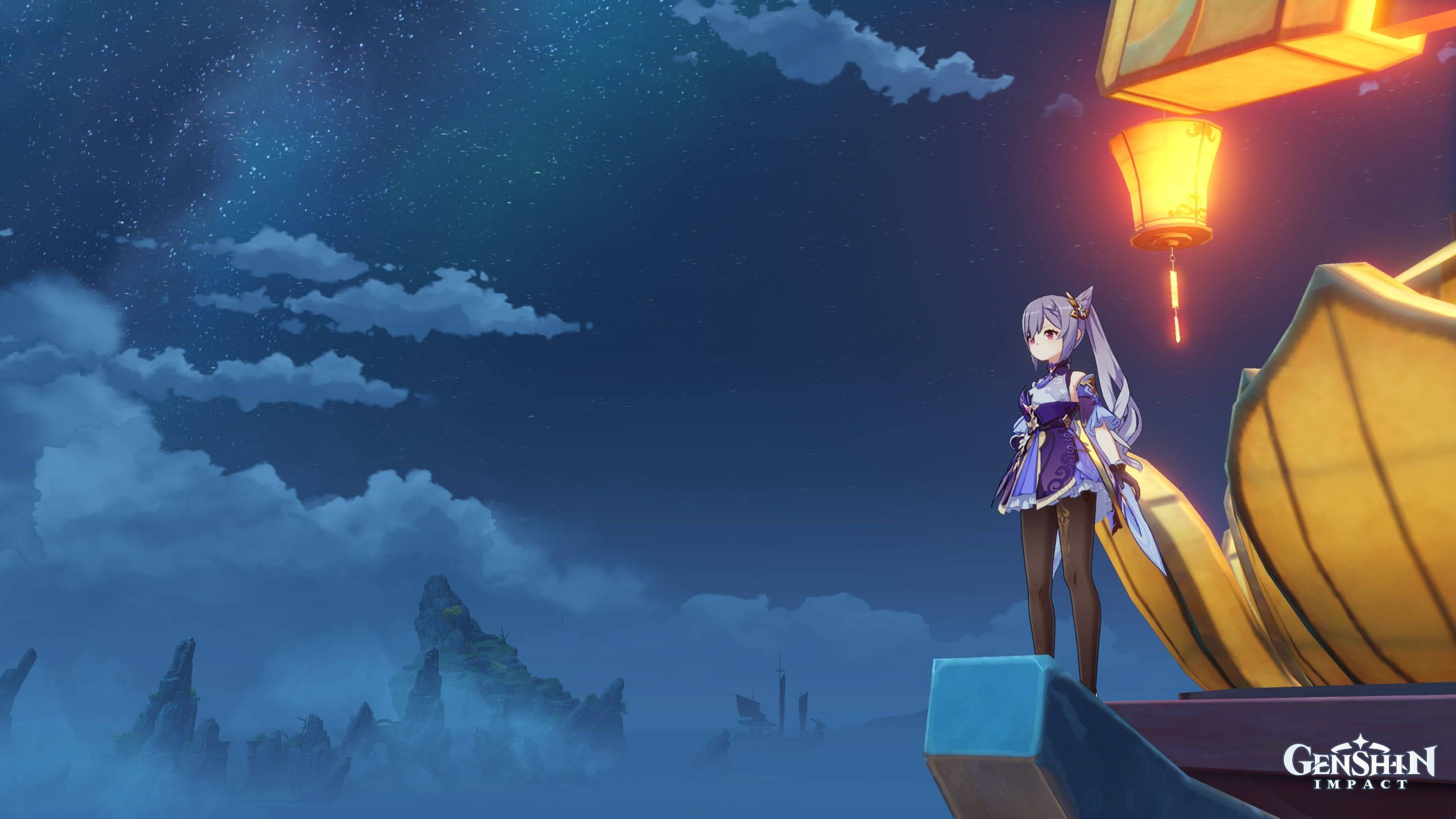 Keqing, purple-haired anime girl, ship, 2K Desktop Wallpaper