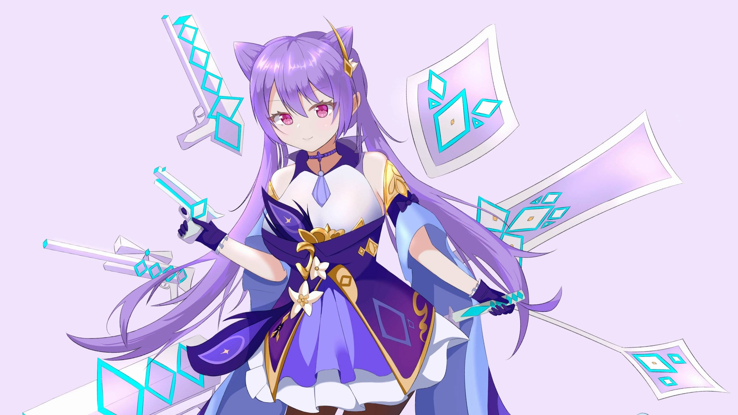 Keqing, purple-haired, cat ears, 2K Desktop Wallpaper