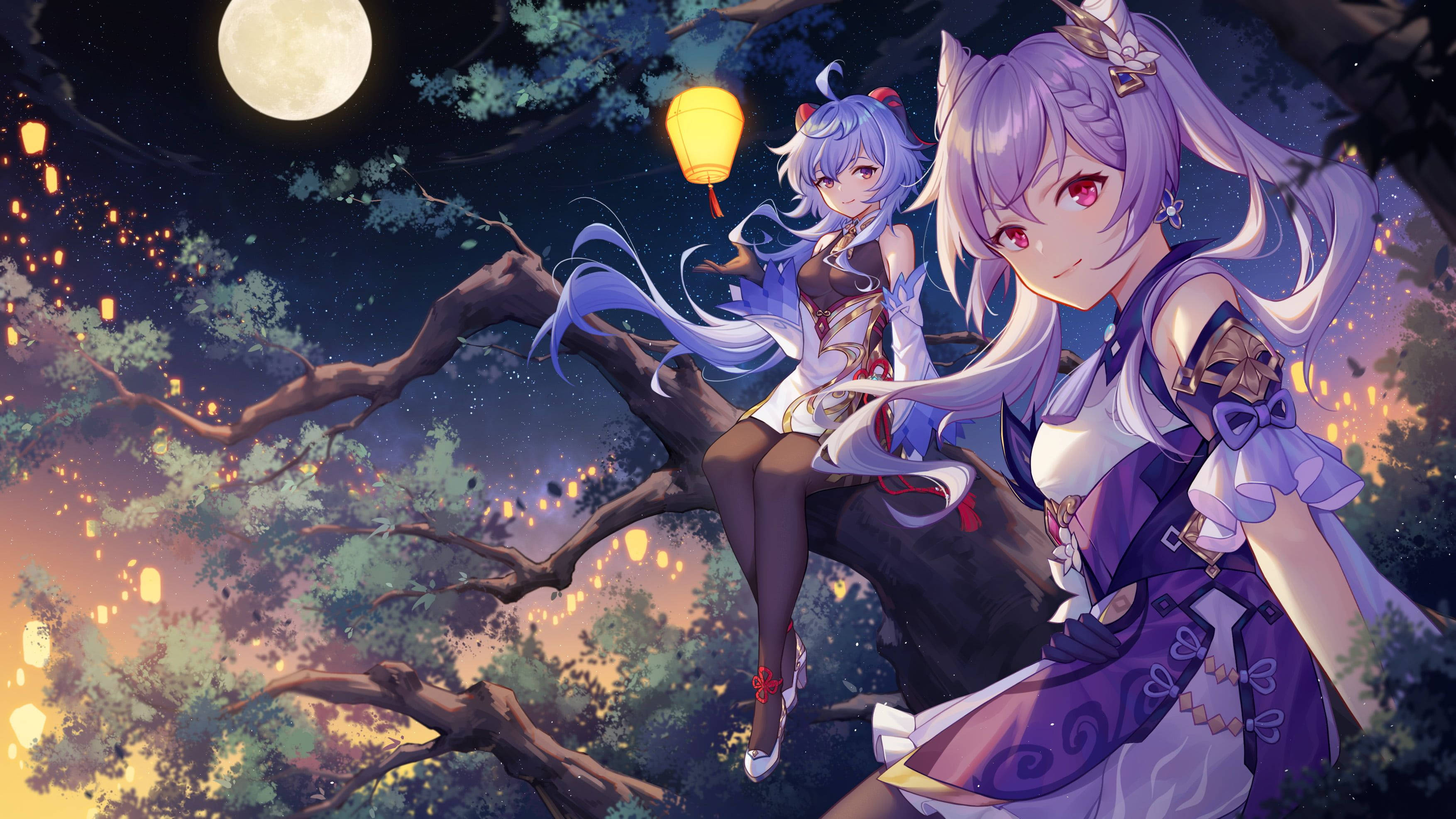 Keqing, purple hair, tree branch, 2K Desktop Wallpaper
