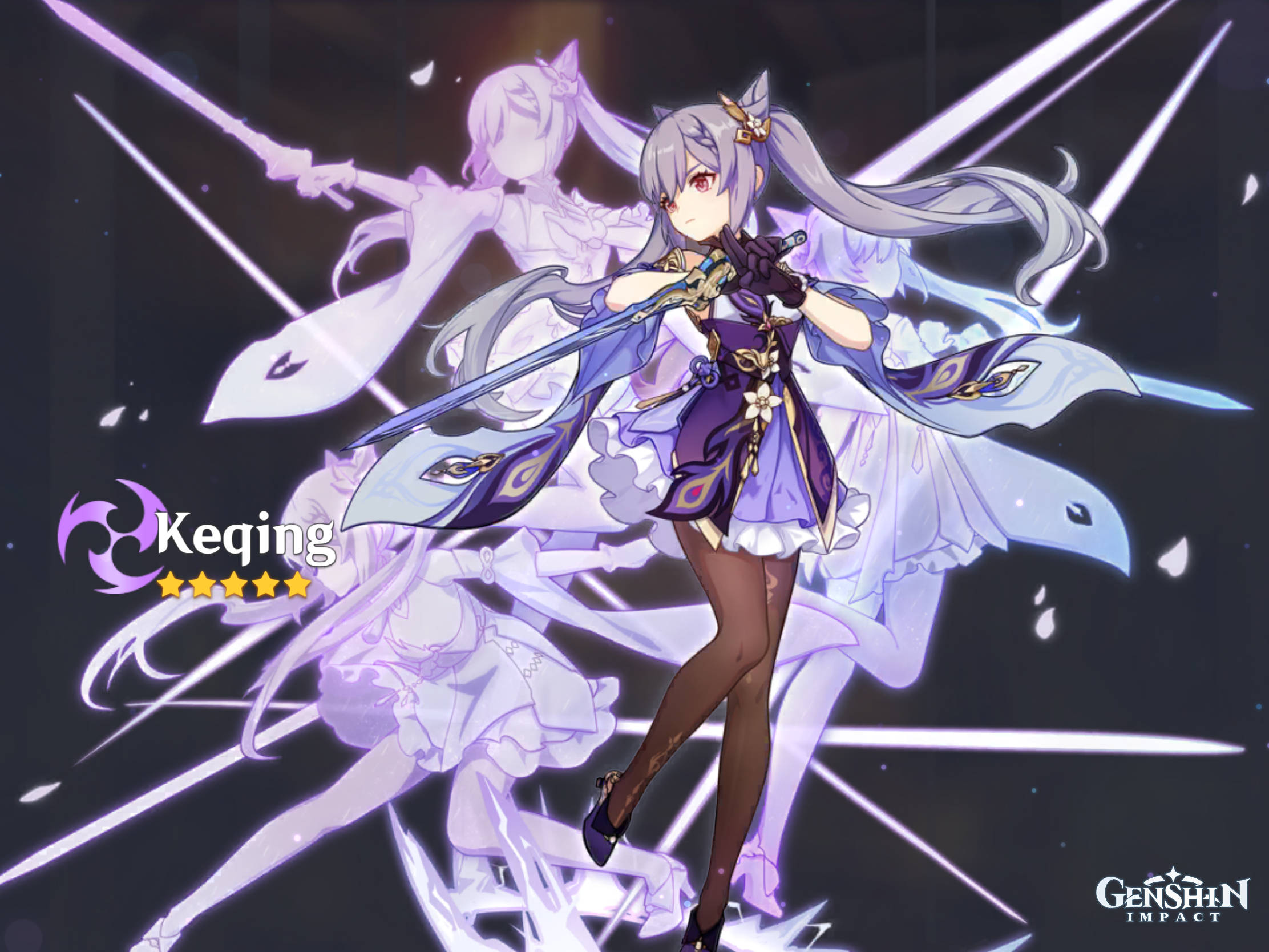 Keqing, purple-clad, silver hair, Full HD Desktop Wallpaper