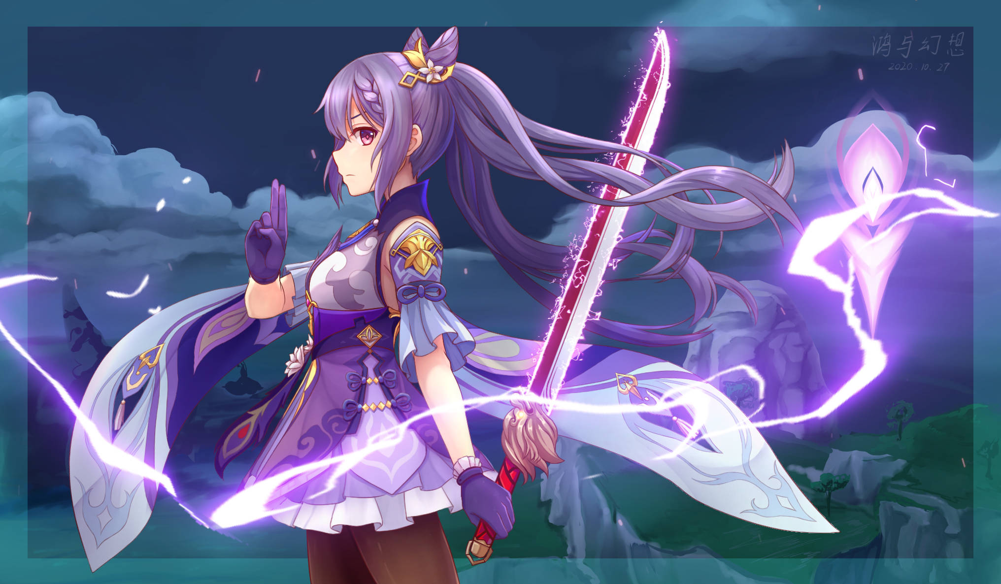 Keqing, purple-haired, glowing sword, Full HD Desktop Wallpaper