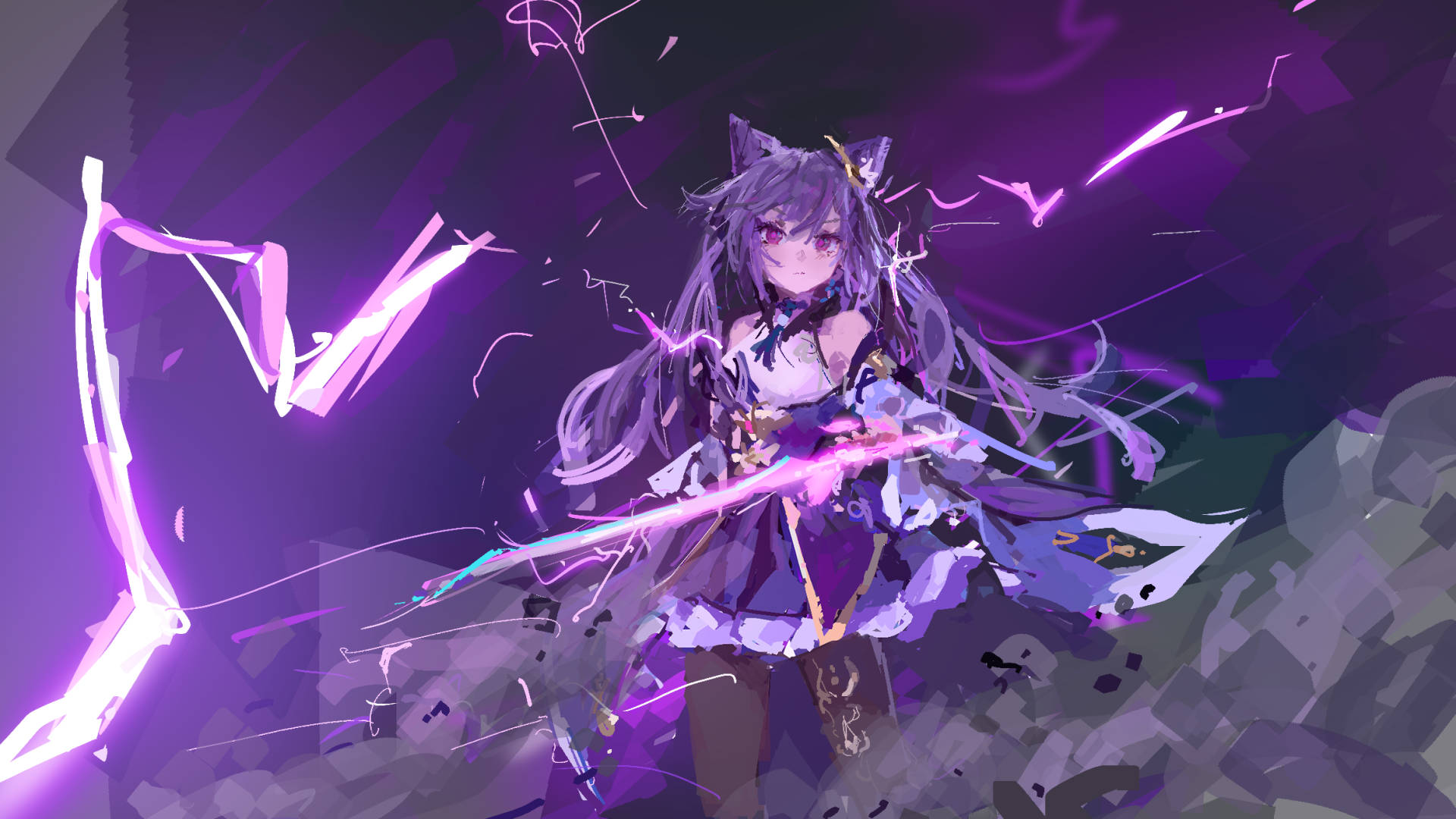 Keqing, purple-haired, cat ears, Full HD Desktop Wallpaper