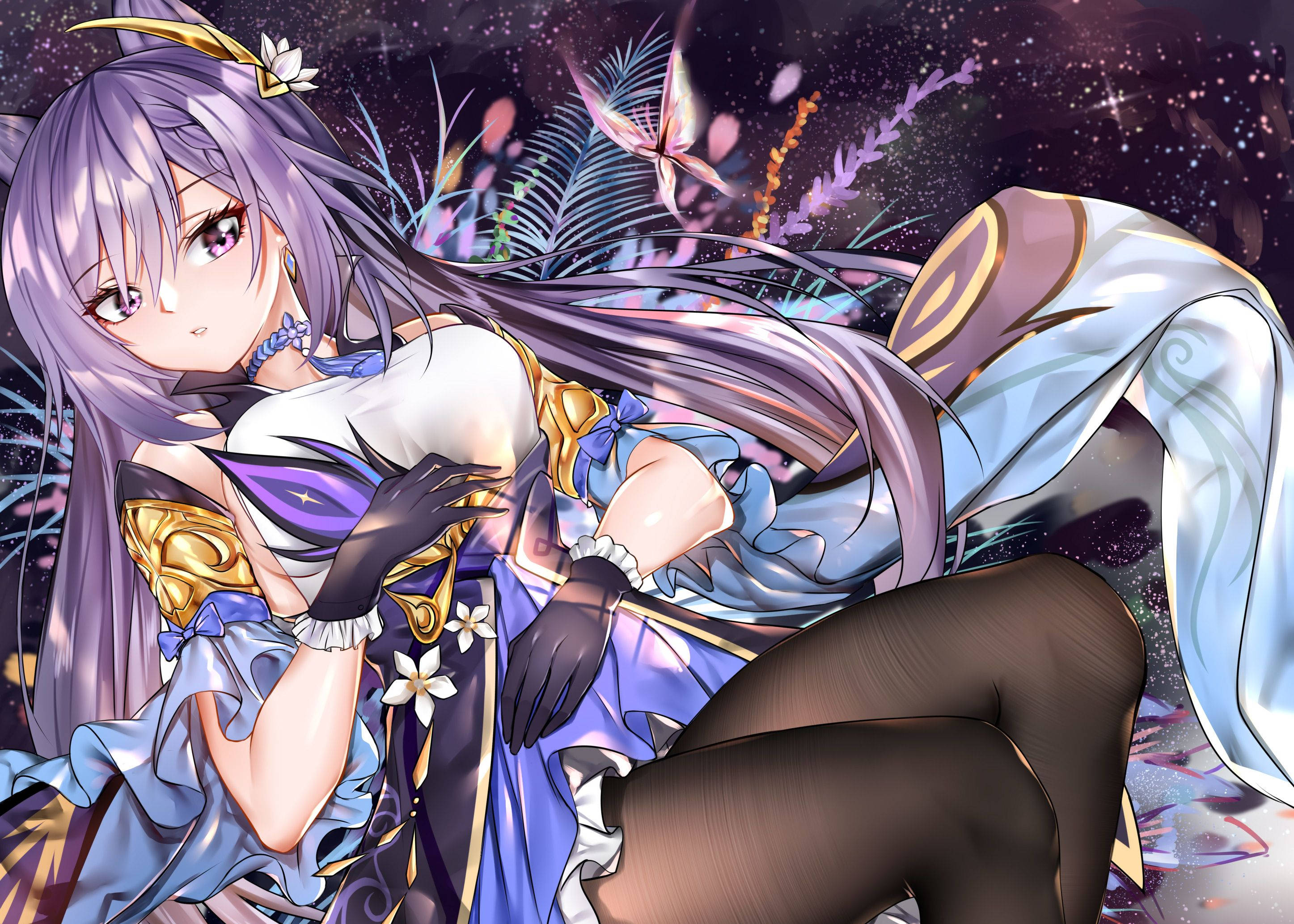 Keqing, purple-haired, blue and gold dress, 2K Desktop Wallpaper