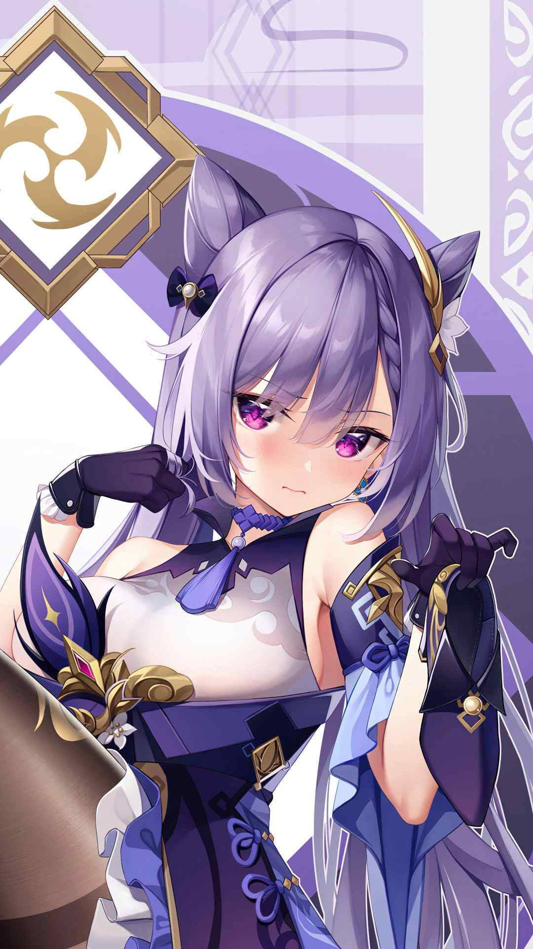 Keqing, purple-haired, cat ears, Full HD Phone Wallpaper