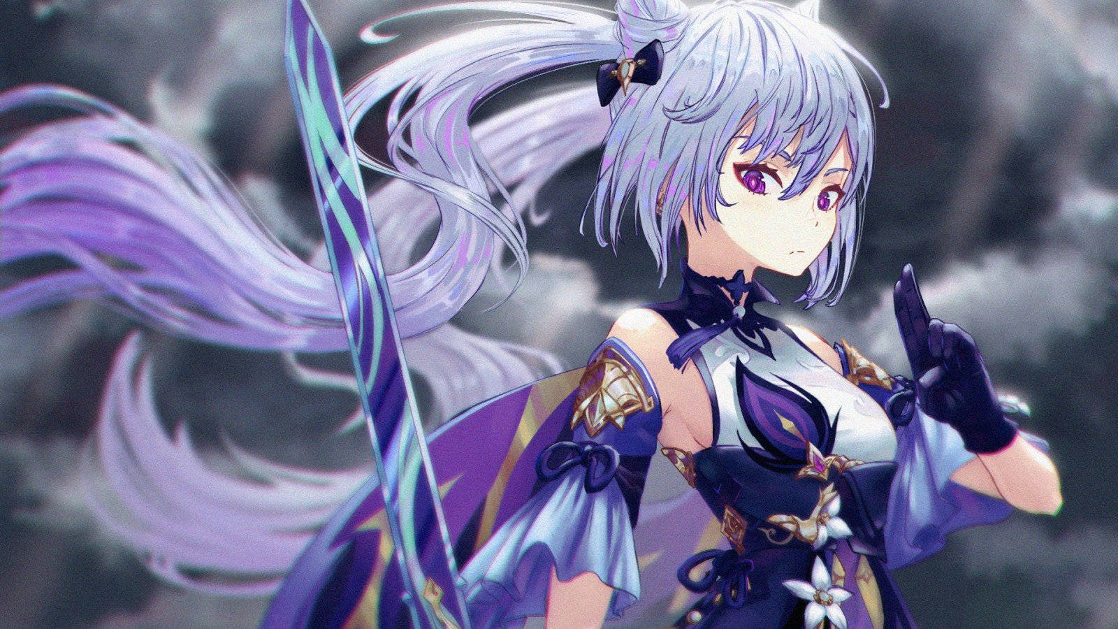 Keqing, silver-haired, purple eyes, HD Desktop Wallpaper